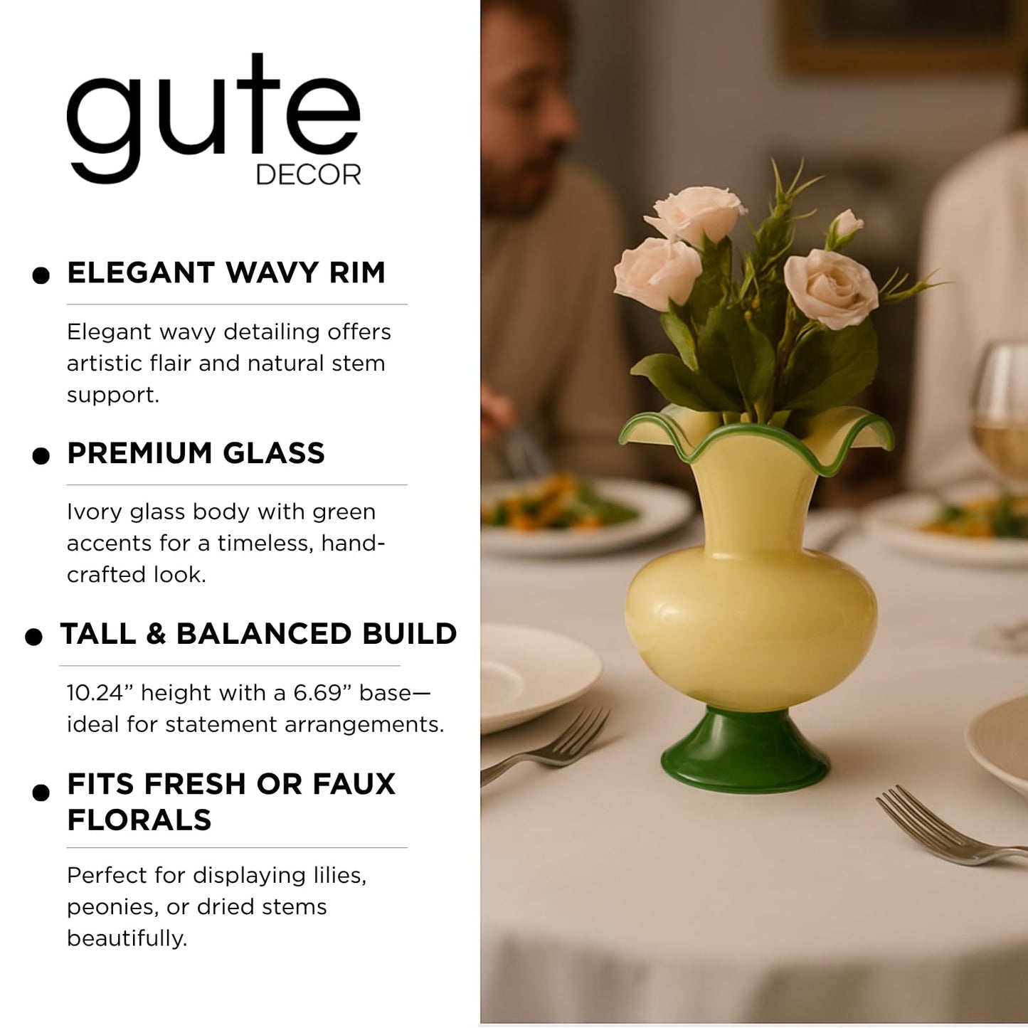 Glass Meadow Hand-Blown Glass Flower Vase in yellow and green with flowers on a table for elegant decor.