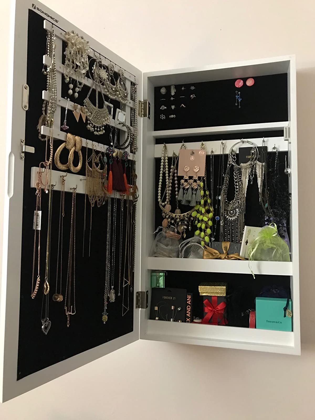 Lockable Jewelry Cabinet Armoire with Mirror, Wall-Mounted Space Saving Jewelry Storage Organizer White