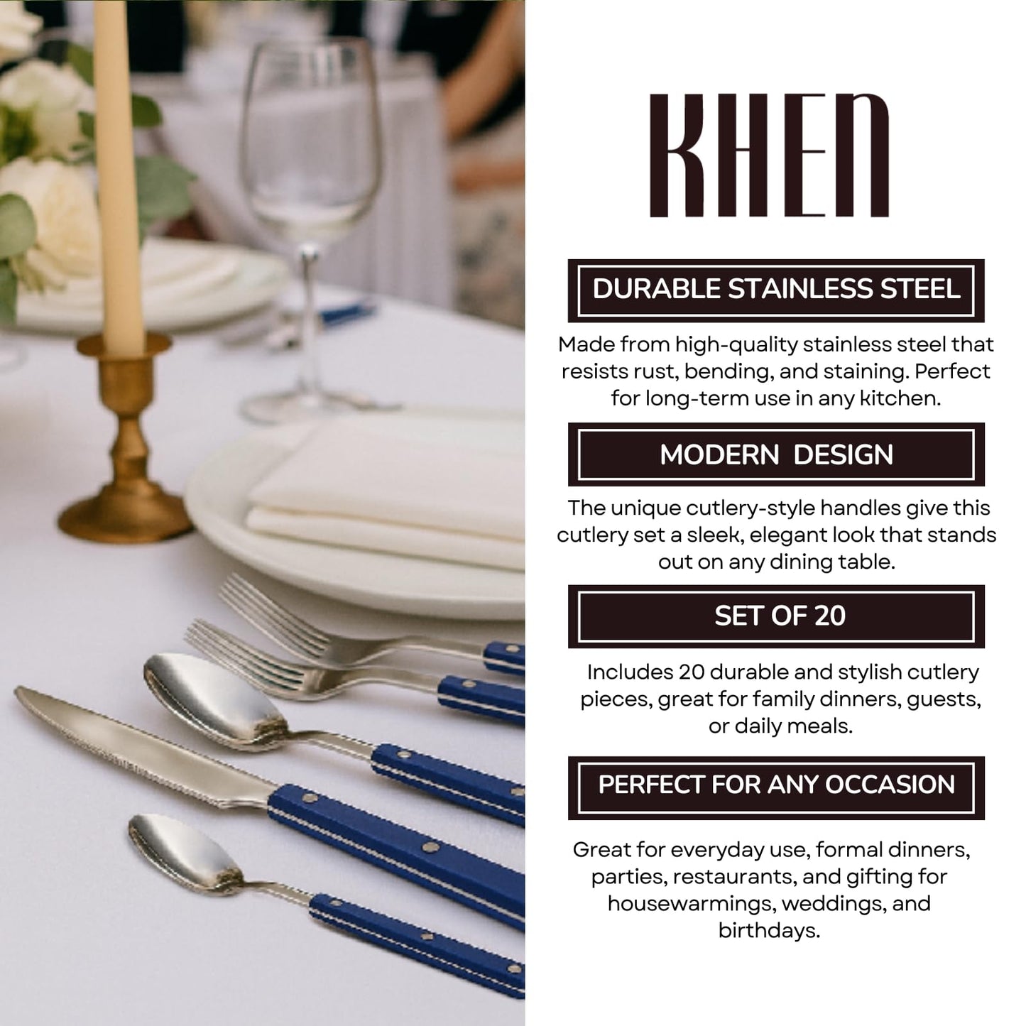 Khen Blue Cutlery Set of 20 –18/8 Stainless Steel Flatware