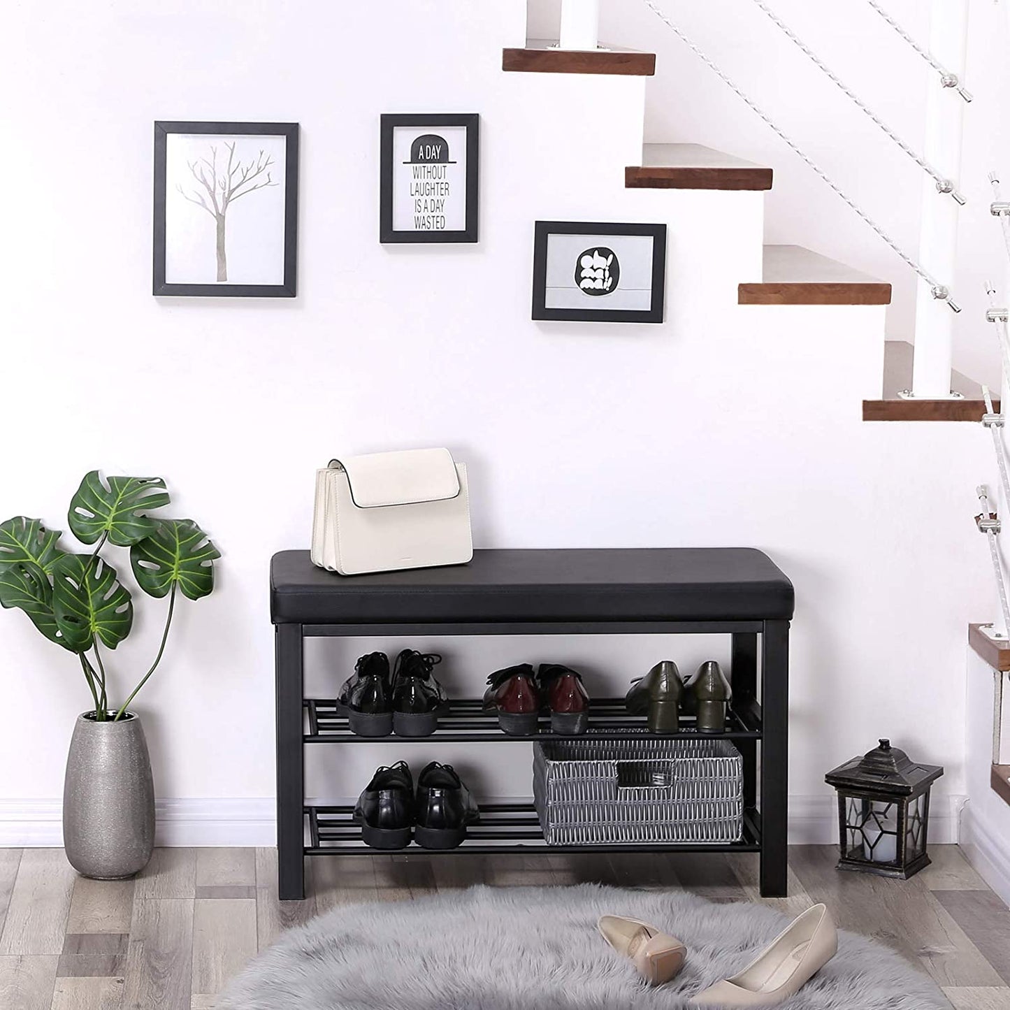 Brown Padded Storage Shoe Bench with Shelves