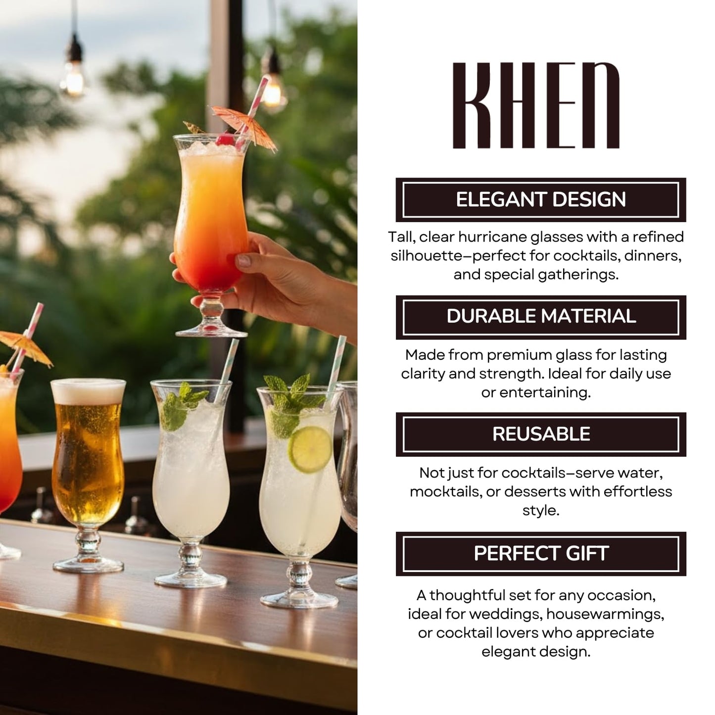 Hurricane Glassware Set of 6, Clear Glass Drinkware