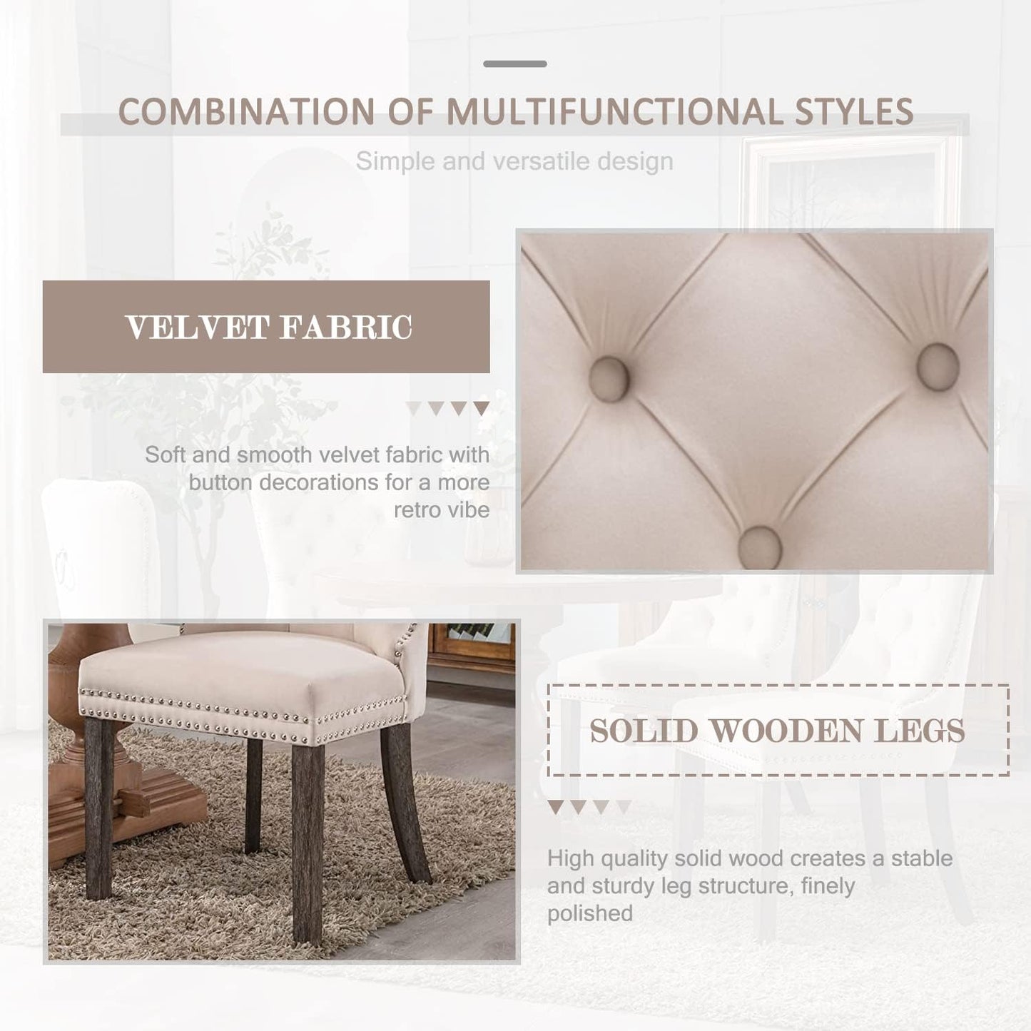 Beige Velvet Tufted Dining Chairs With Nailhead Trim Set Of 6