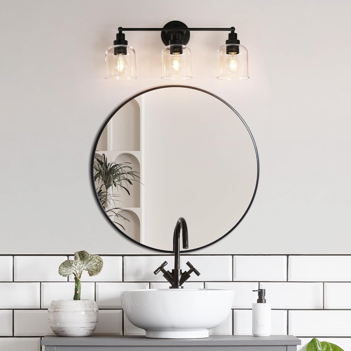 3-Light Black Vanity Light with Clear Glass Shade