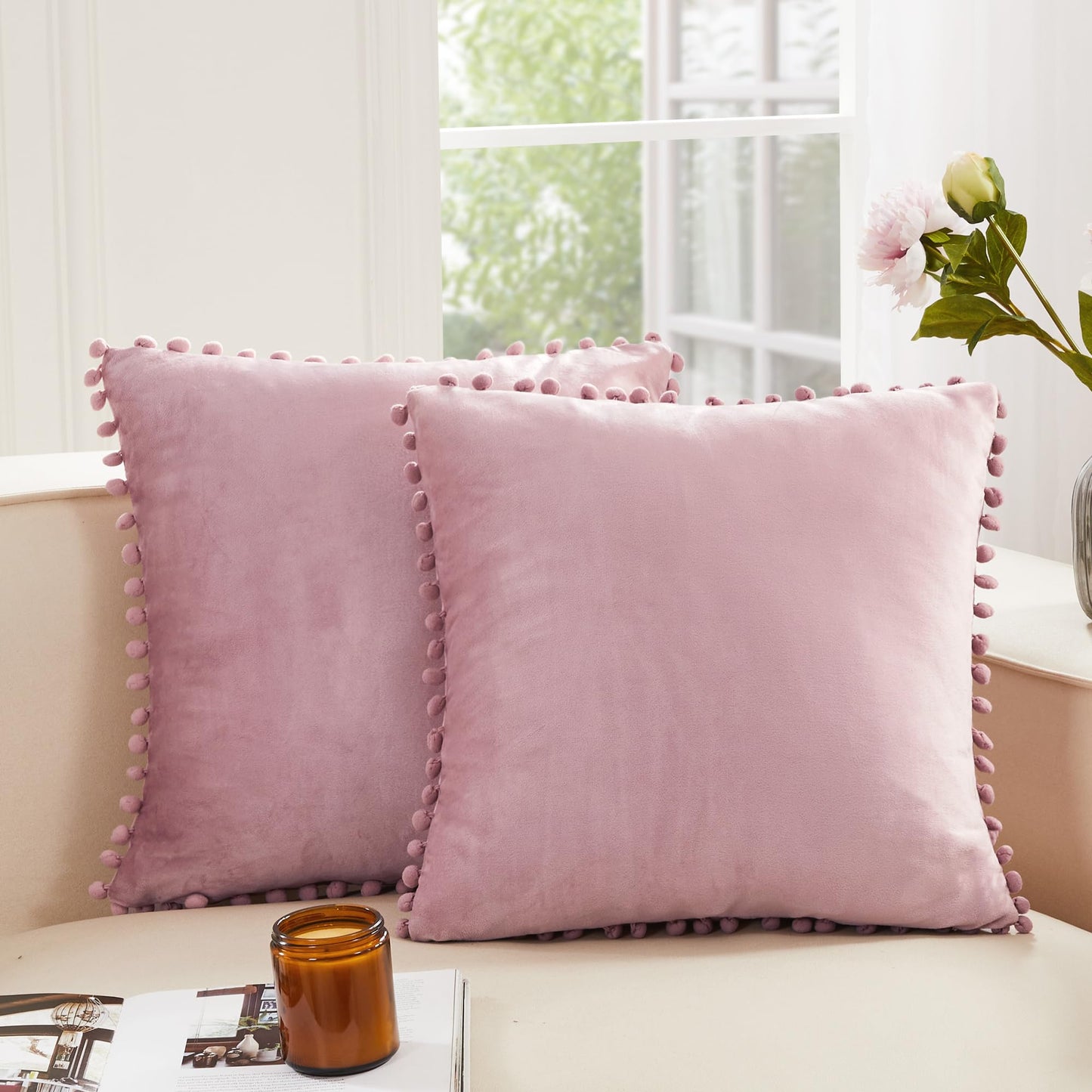 Velvet Throw Pillow Covers with Pom-Poms, 26x26 Inch