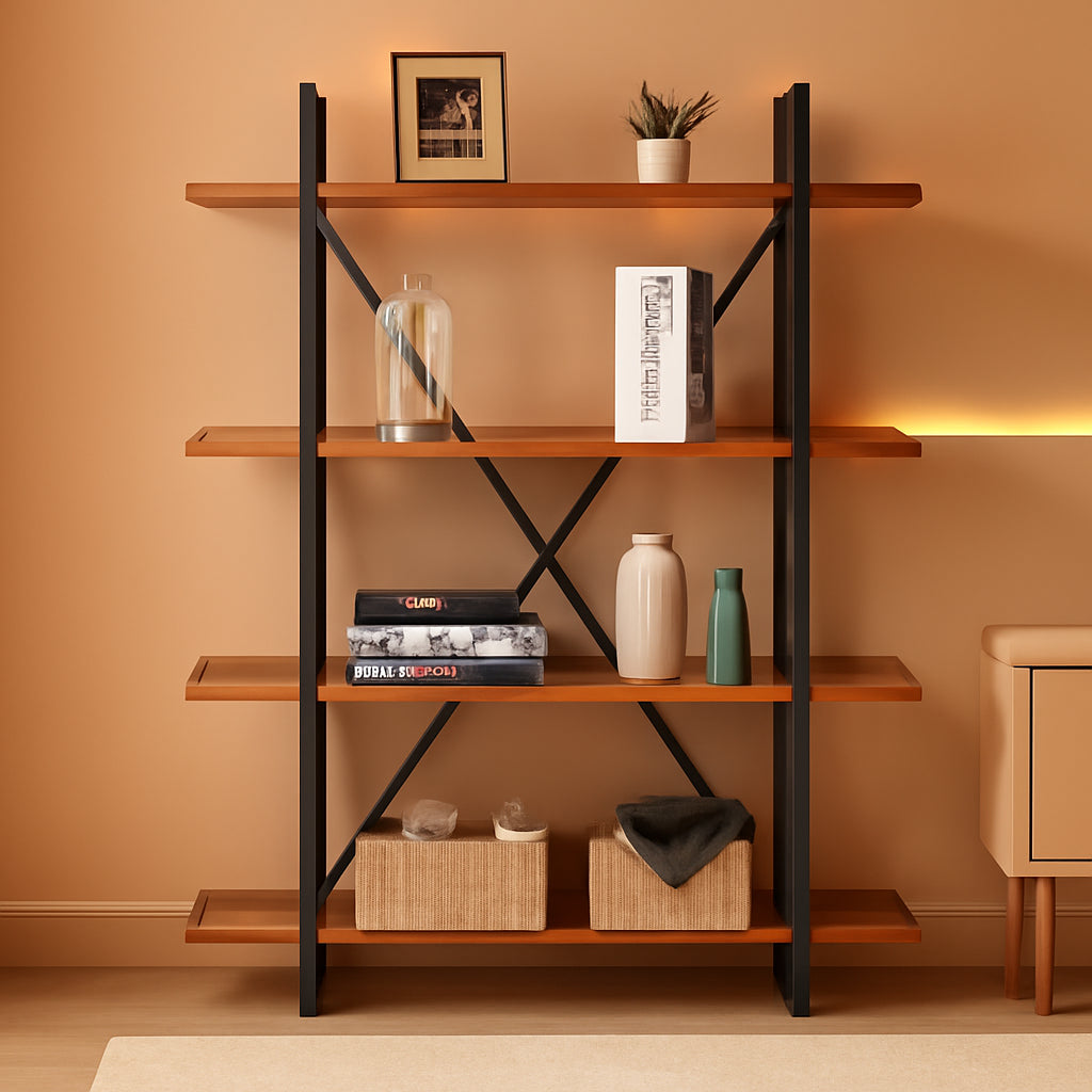 Four Tier Natural Wood Bookshelf Rustic Industrial