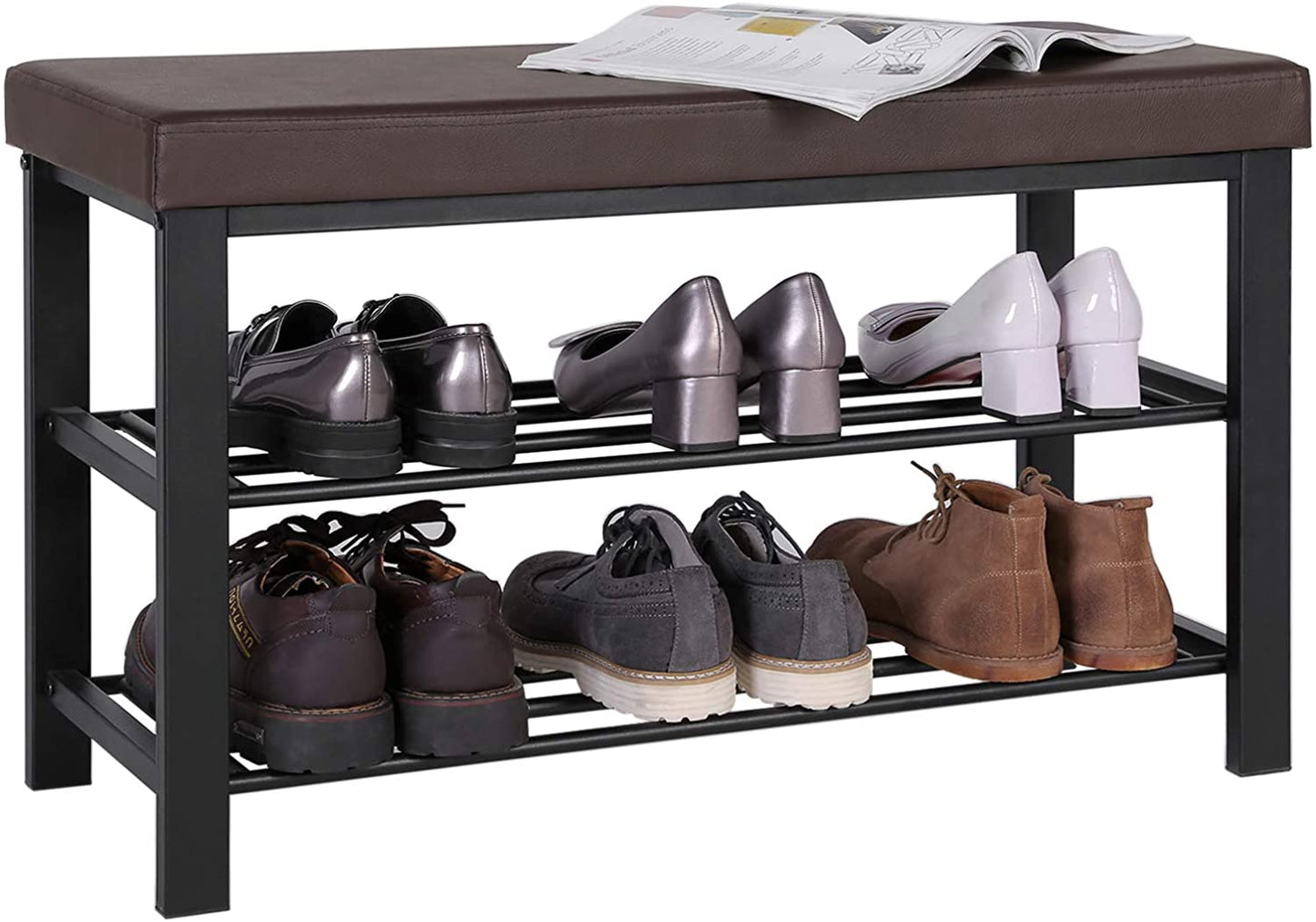 Brown Padded Storage Shoe Bench with Shelves