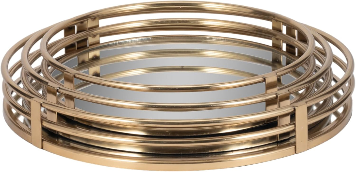 Set of 3 Round Mirrored Trays, Gold Metal Frame Decorative Serving & Vanity Trays, 14" 16" 18", Glam Home Decor