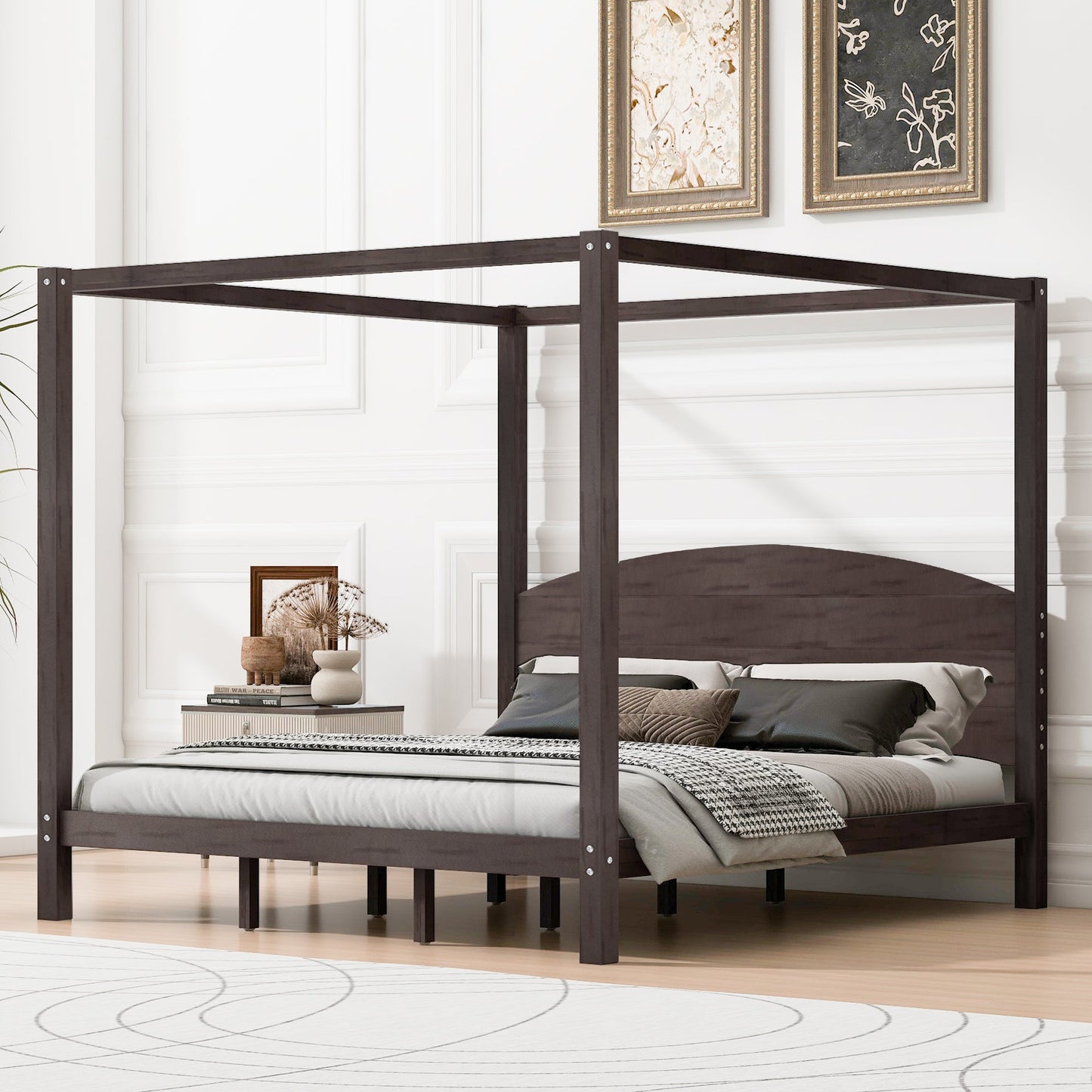 King Size Canopy Platform Bed with Headboard and Support Legs