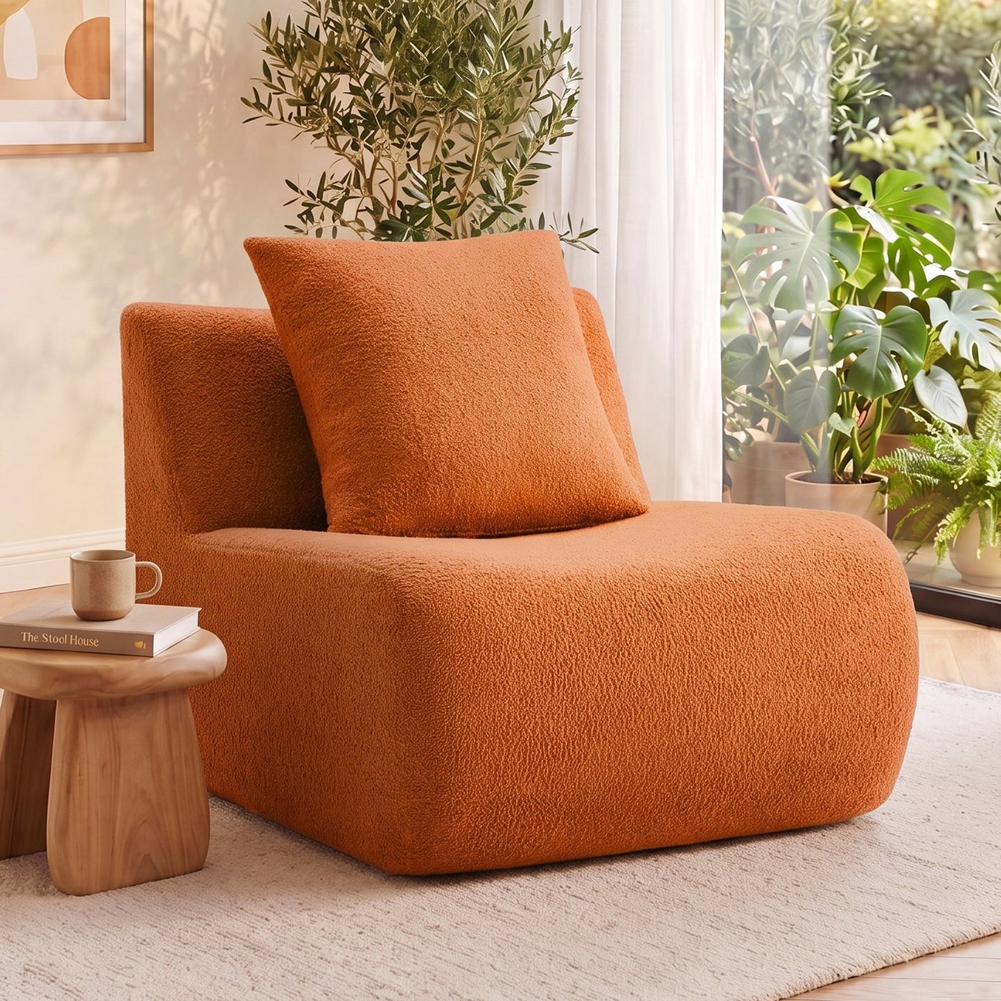 Armless Sofa with Pillow in Teddy Fabric - Orange