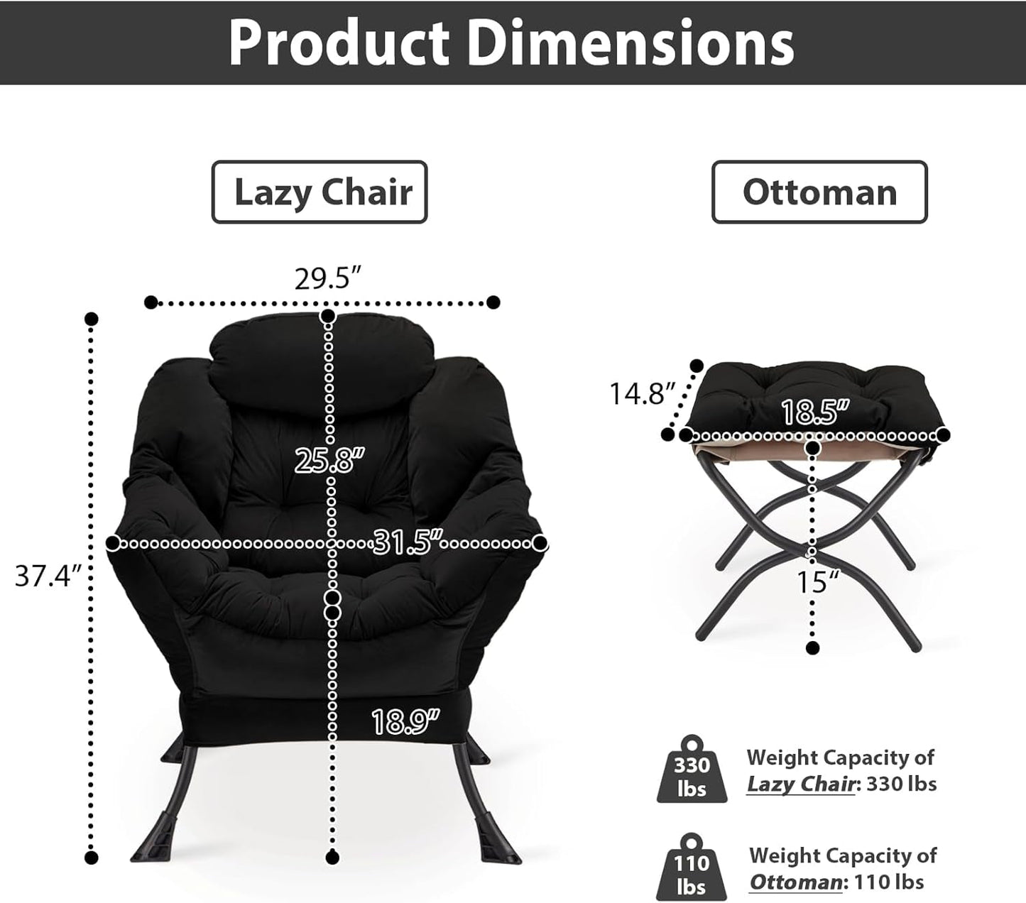 Black Velvet Folding Ottoman Lounge Chair With Footrest
