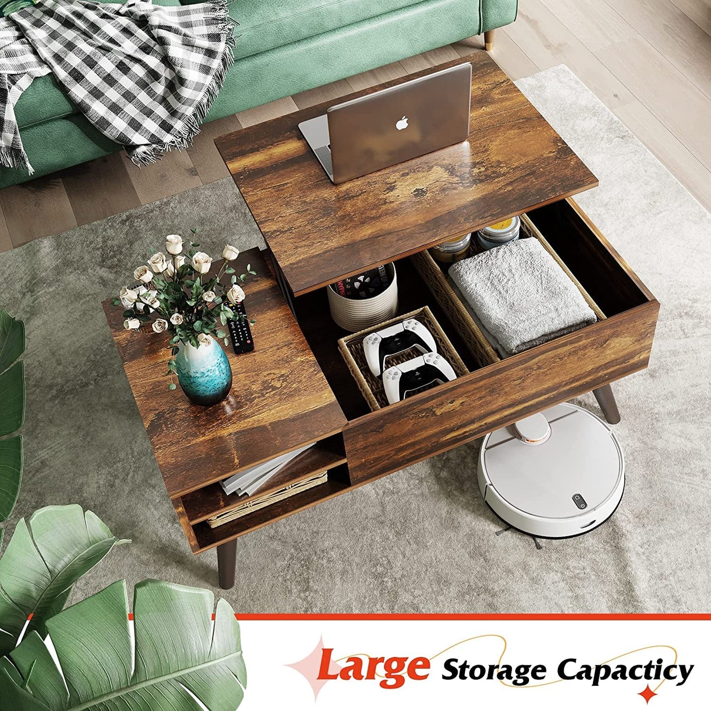 Rustic Brown Lift Top Coffee Table With Built In Storage