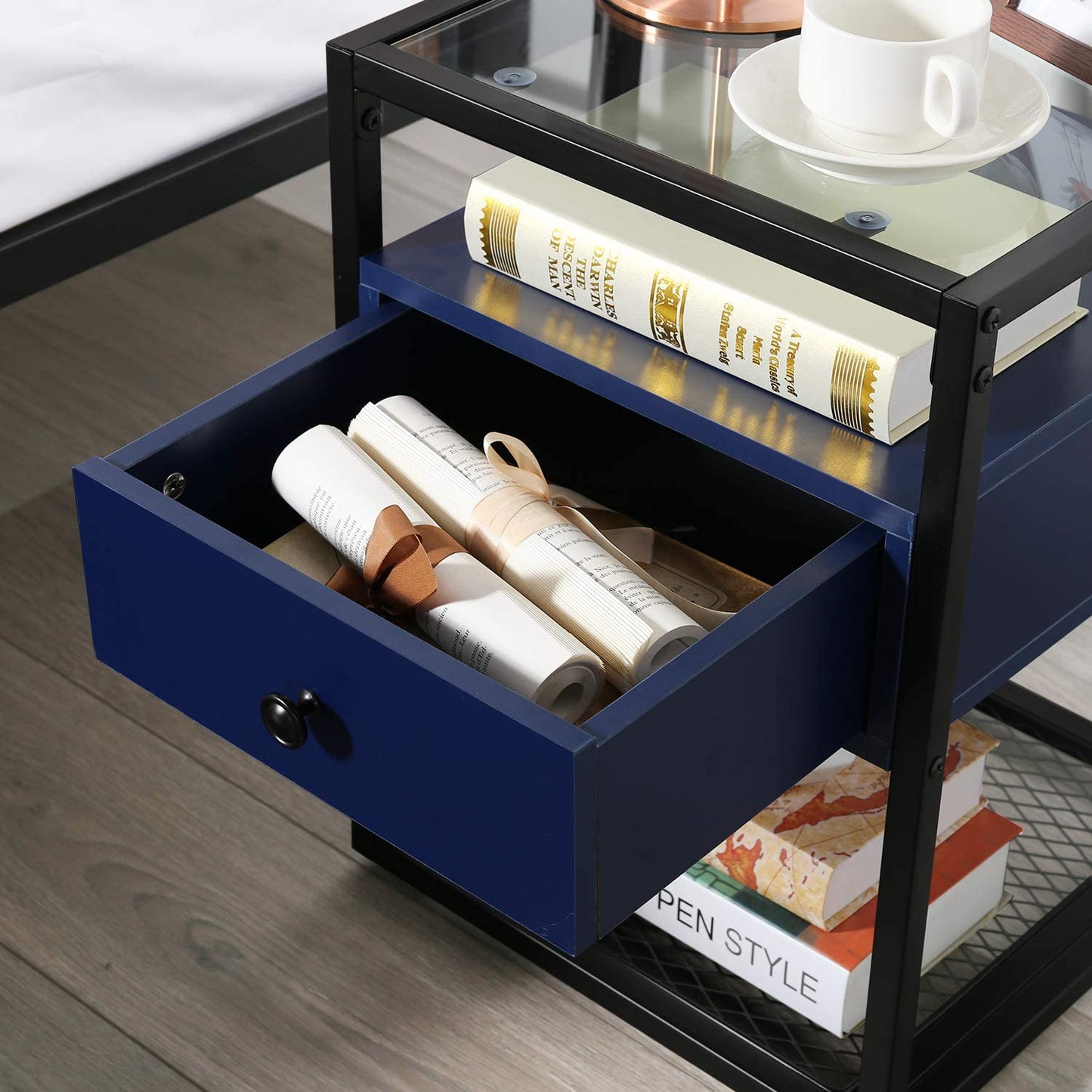 Nightstand, Tempered Glass End Table, Cabinet with Drawer and Rustic Shelf Decoration