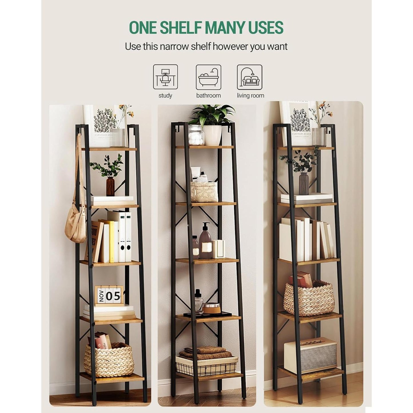 Ladder Shelf Bookcase 5 Tier Rustic Brown Freestanding