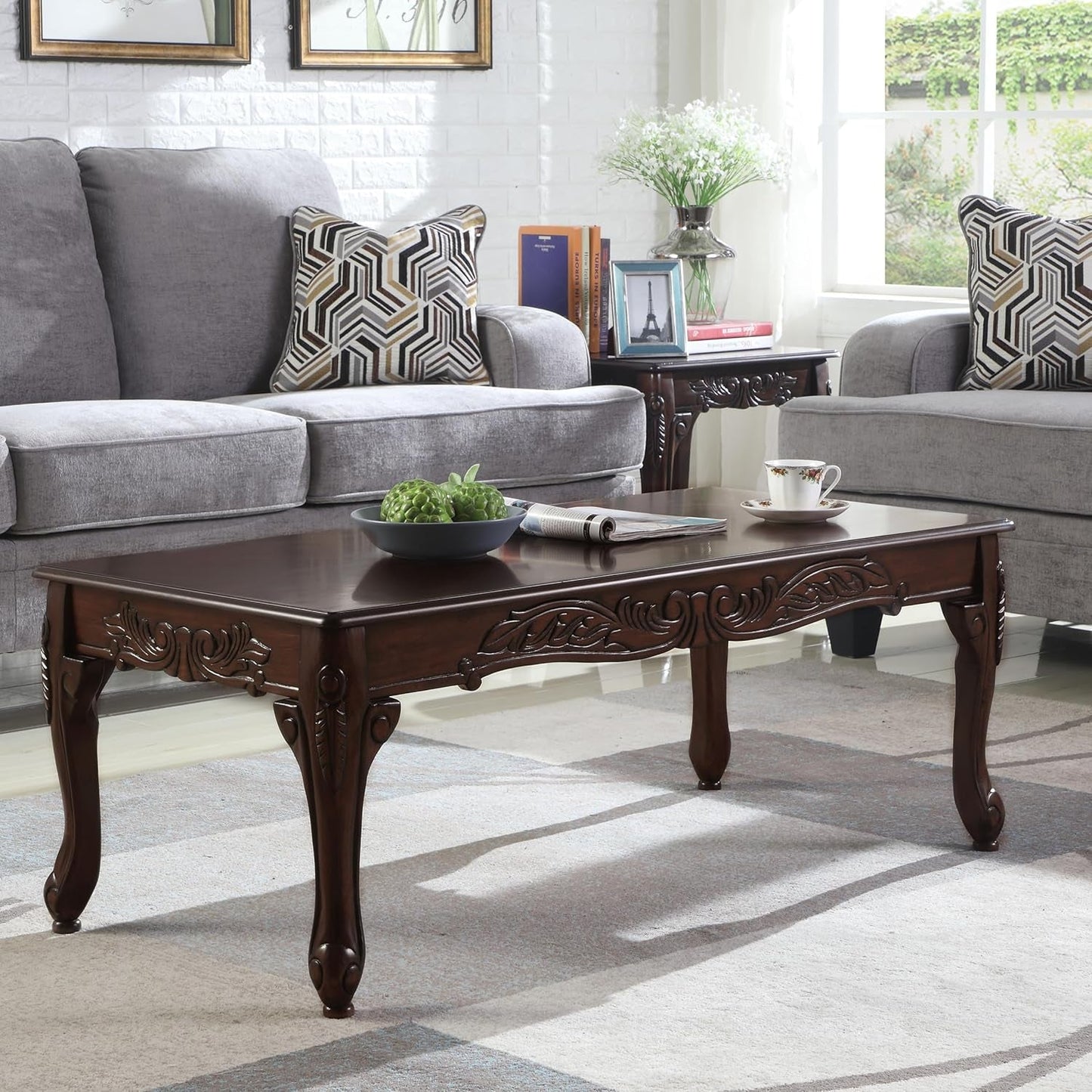 Hernen Carved Wood Frame 5Piece Living Room Set Beige Wheat
