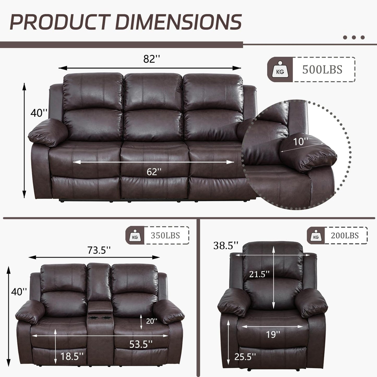Manual Recliner Sofa Set Brown Three Piece Living Room Furniture