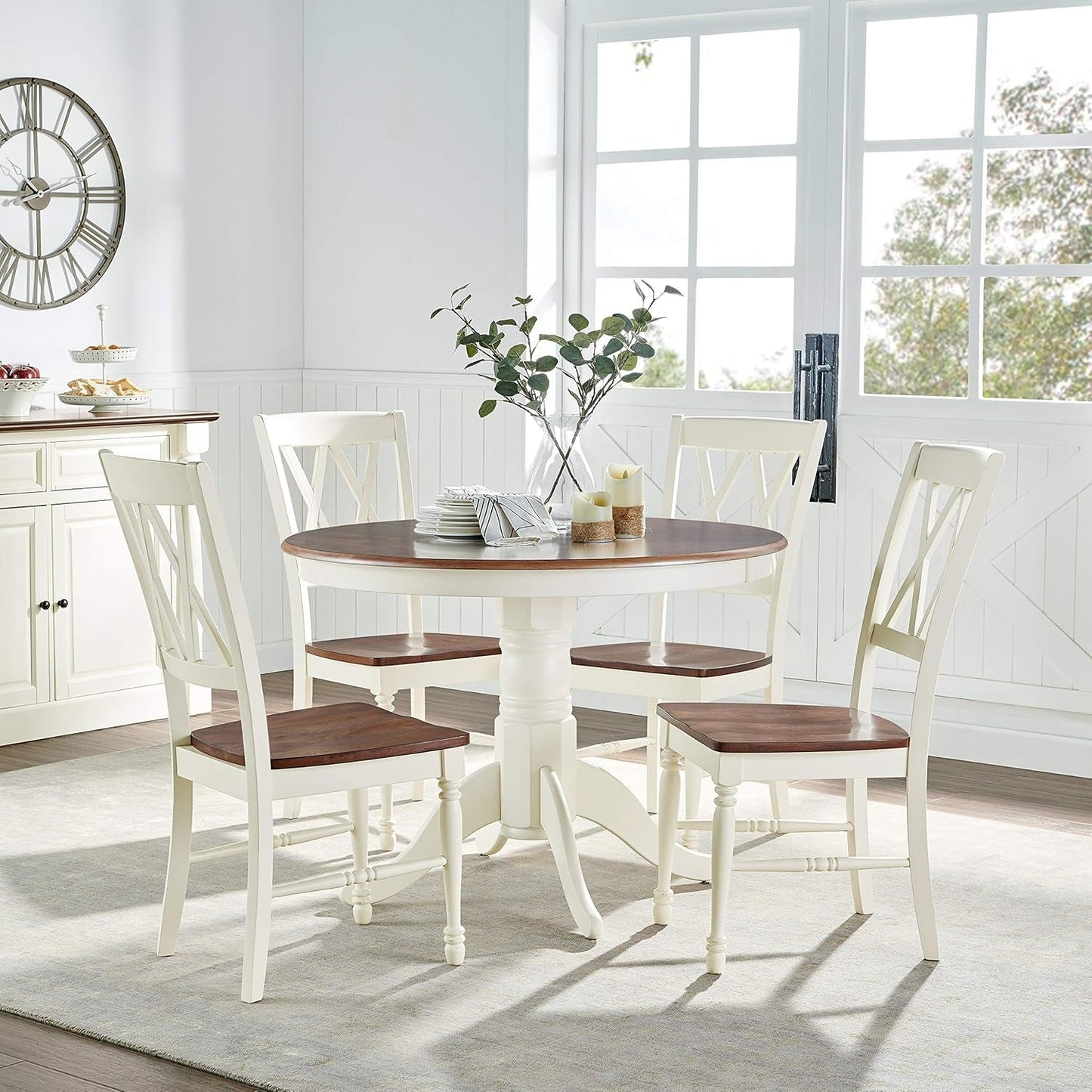 Round Dining Table Set Distressed White Five Piece Set