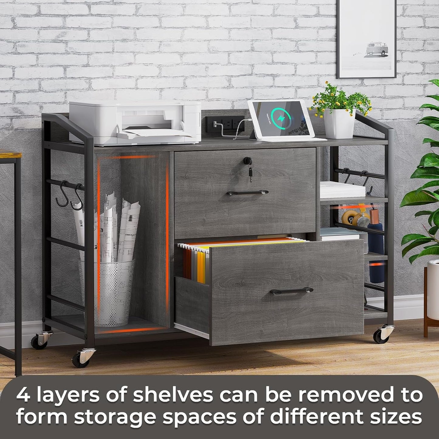 44 Inch 2 Drawer File Cabinet Grey With Lock For Office