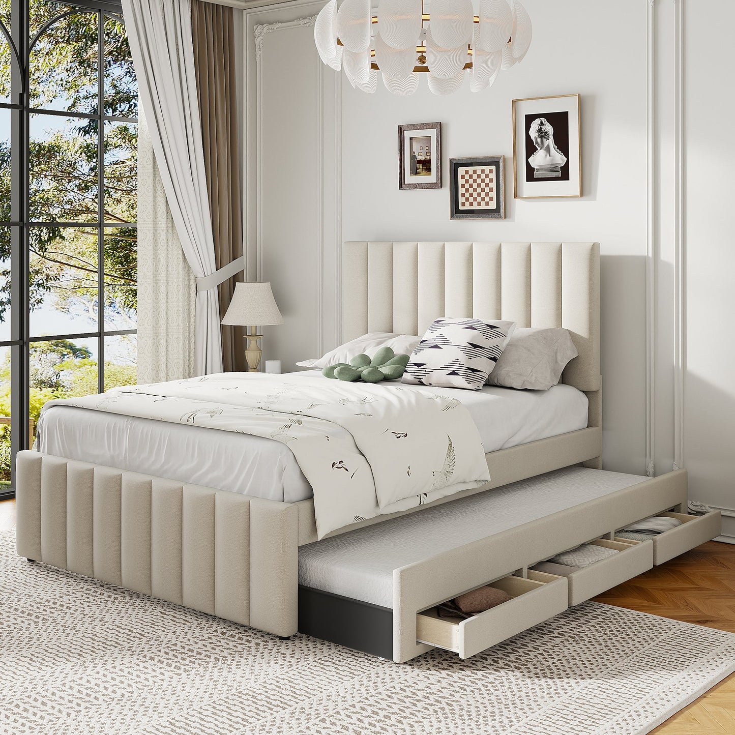 Full Size Upholstered Platform Bed with Twin Size Trundle and 3 Drawers