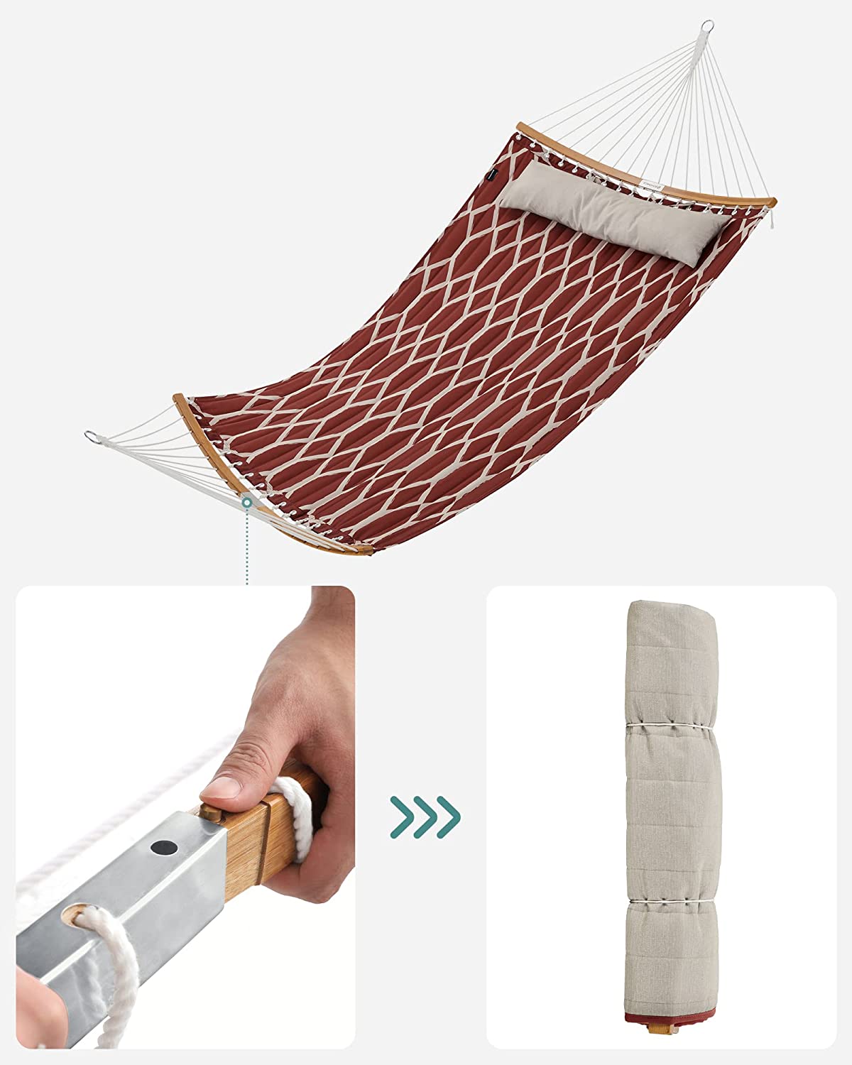 Hammock, Quilted Hammock with Curved Bamboo Spreaders, Pillow, 78.7 x 55.1 Inches