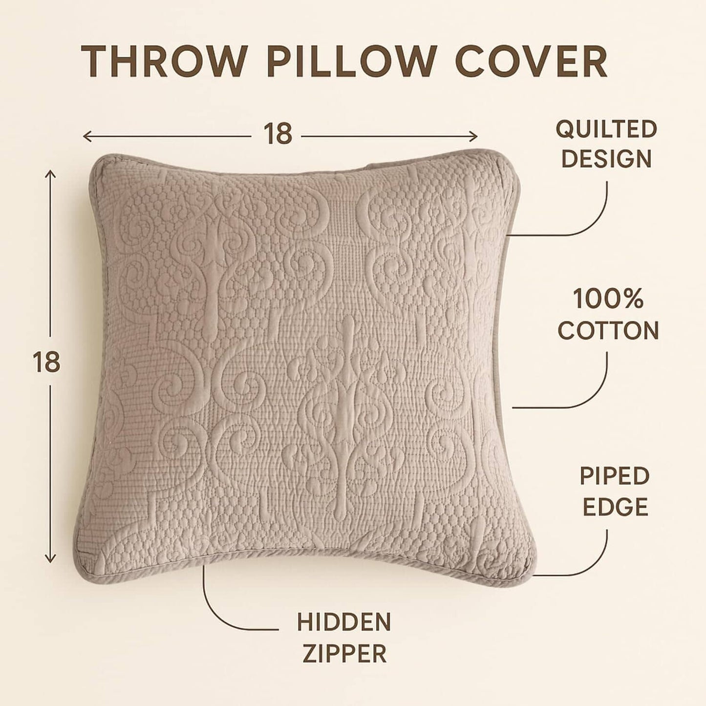 DaDa Bedding Set of 2-Pieces Sandy Beige Taupe Square Cushion Throw Pillow Covers, 18" x 18" (JHW-585)