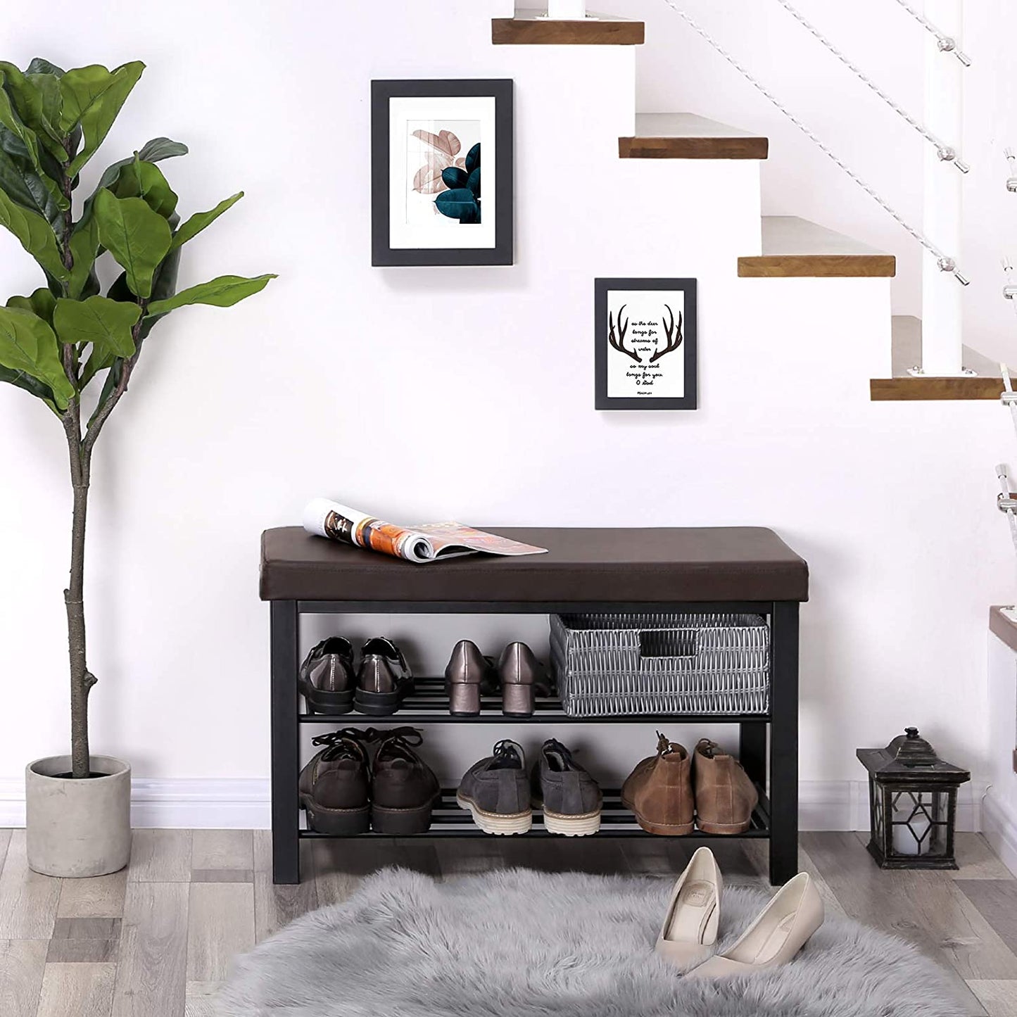 Brown Padded Storage Shoe Bench with Shelves