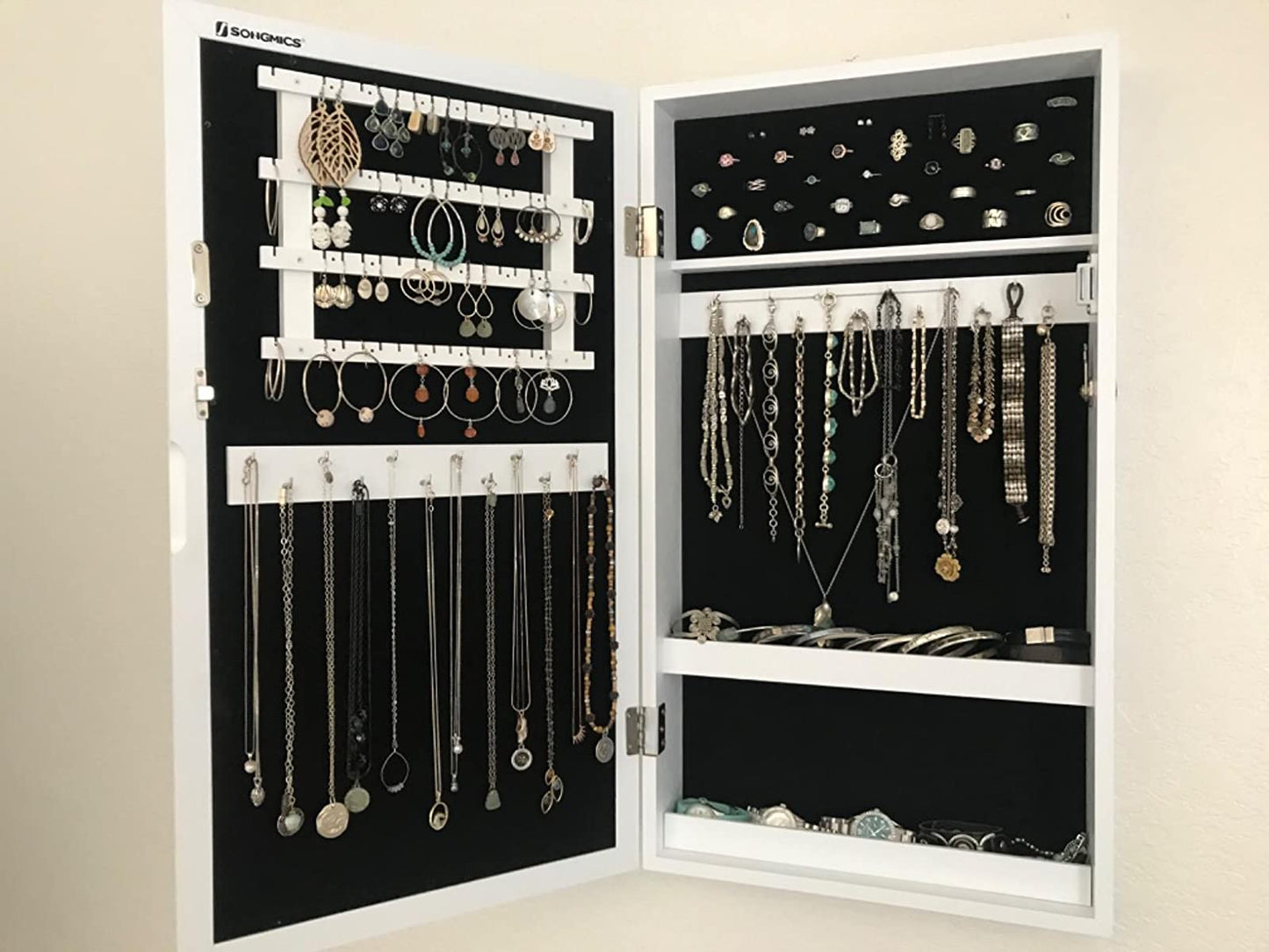 Lockable Jewelry Cabinet Armoire with Mirror, Wall-Mounted Space Saving Jewelry Storage Organizer White