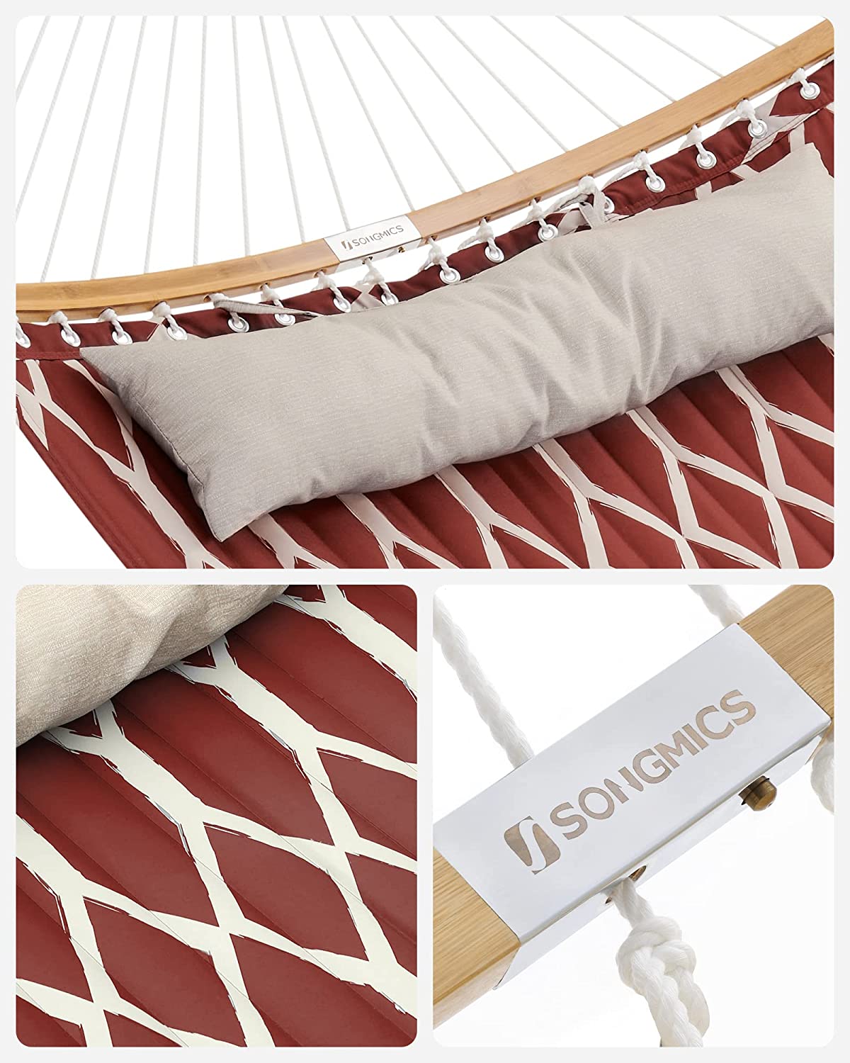 Hammock, Quilted Hammock with Curved Bamboo Spreaders, Pillow, 78.7 x 55.1 Inches