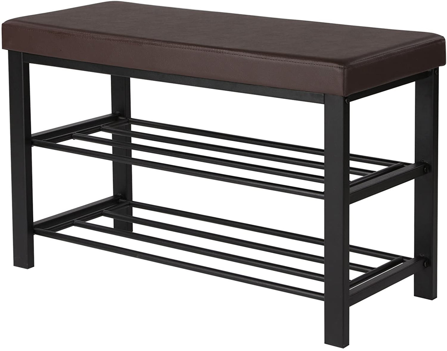 Brown Padded Storage Shoe Bench with Shelves