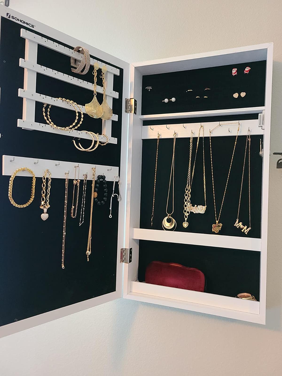 Lockable Jewelry Cabinet Armoire with Mirror, Wall-Mounted Space Saving Jewelry Storage Organizer White