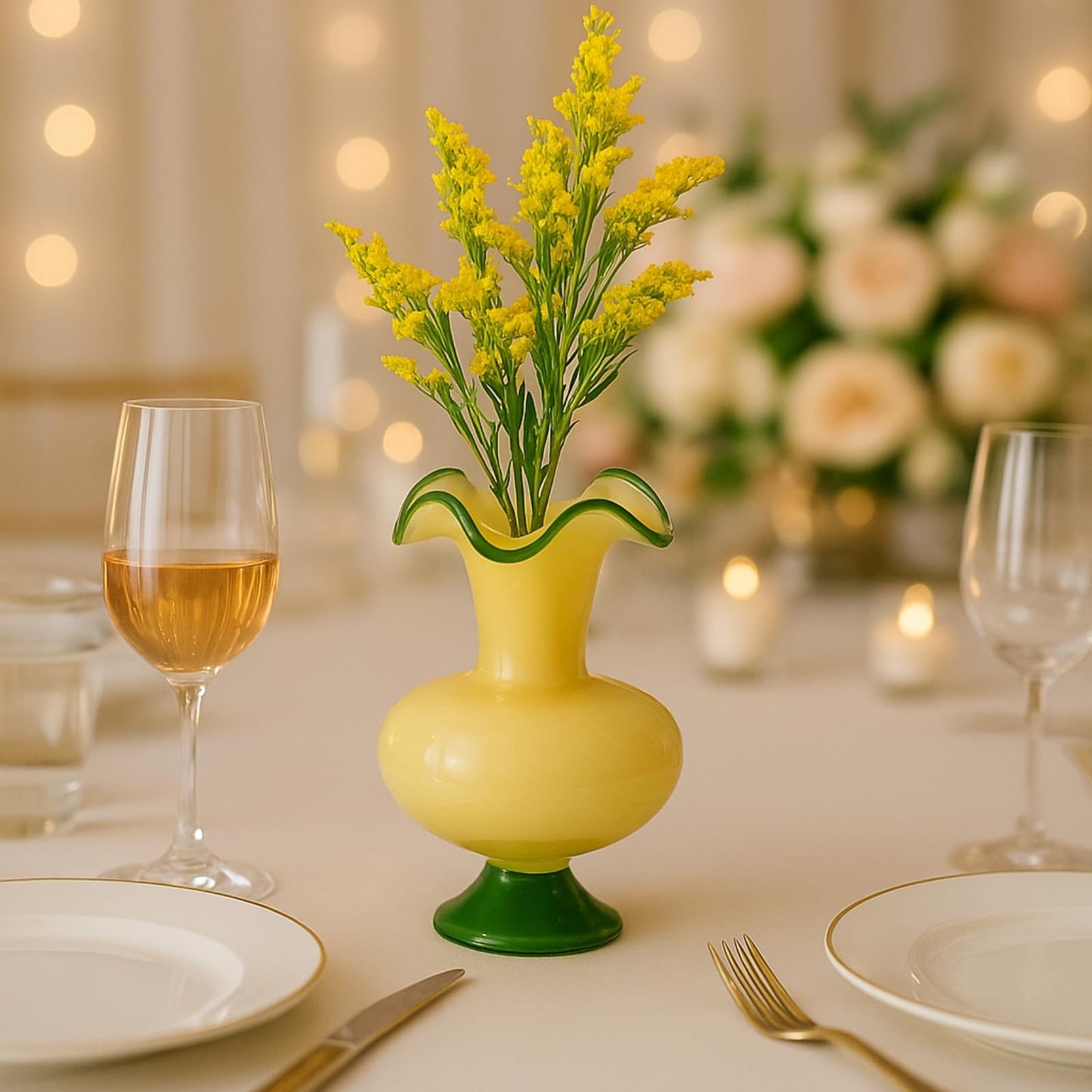 Glass Meadow Hand-Blown Glass Flower Vase with yellow flowers on a dining table setting, elegant décor.
