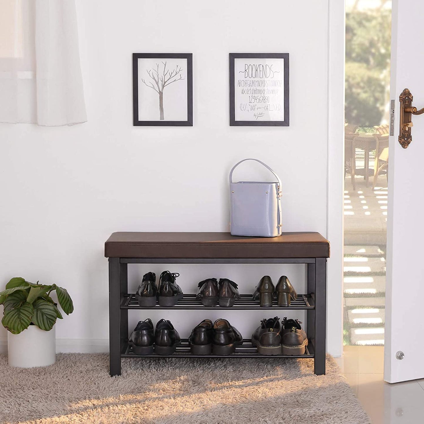 Brown Padded Storage Shoe Bench with Shelves