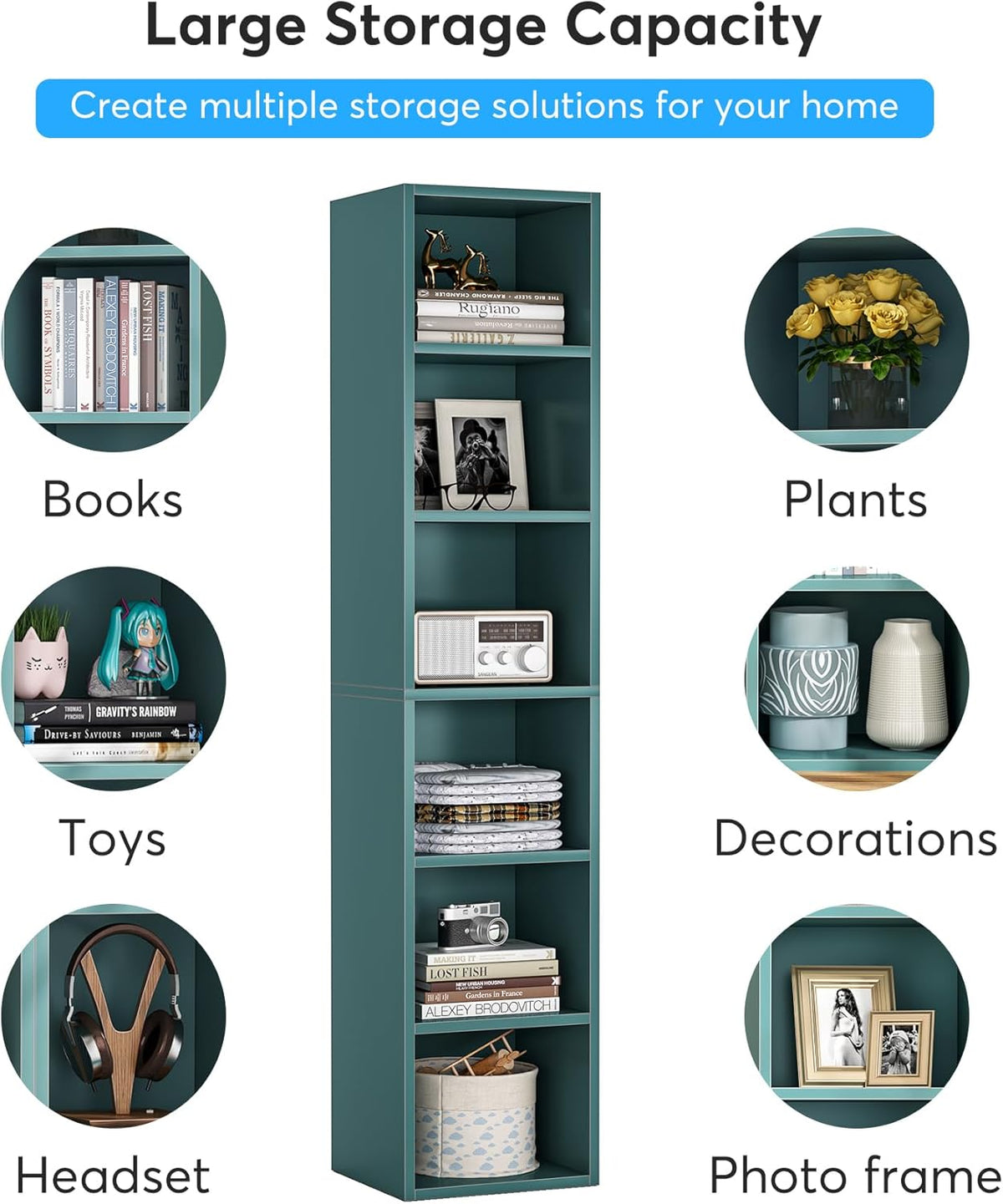 70.9" Blue 6-Tier Narrow Corner Cube Bookcase