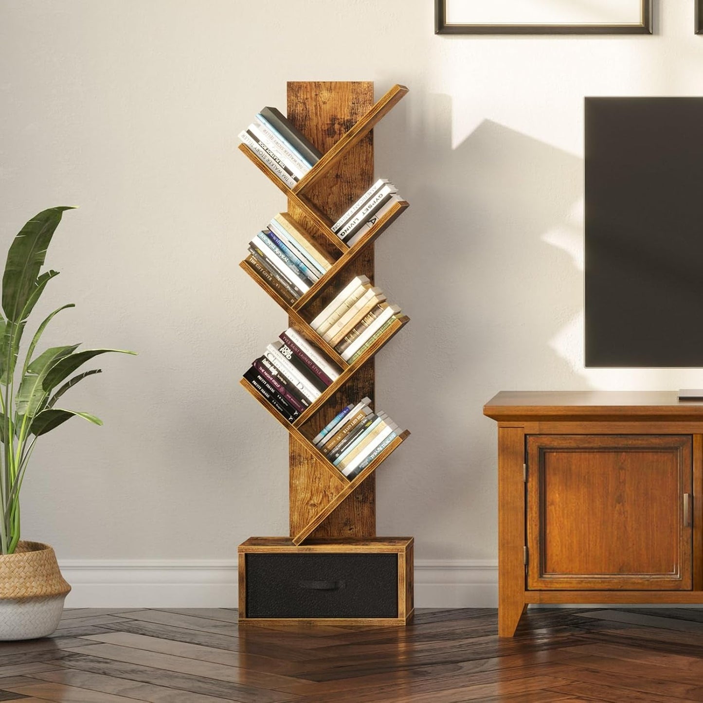 Rustic Brown 7 Shelf Tree Bookshelf With Drawer Living Room