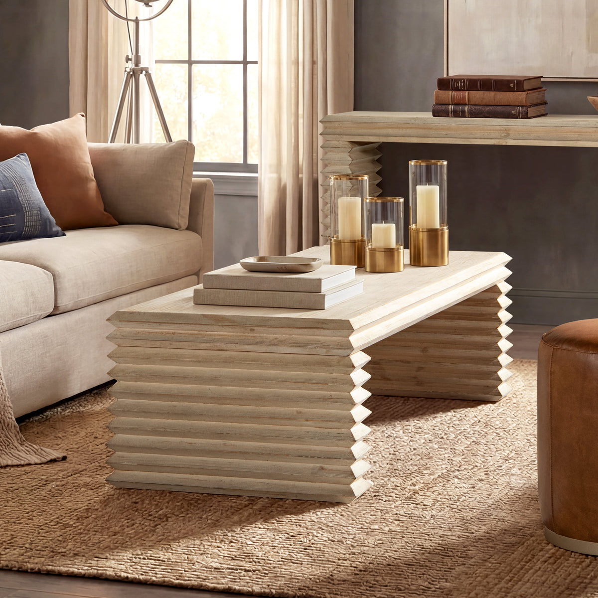 Veda 55" Reclaimed Wood Stacked Geometric Waterfall Coffee Table