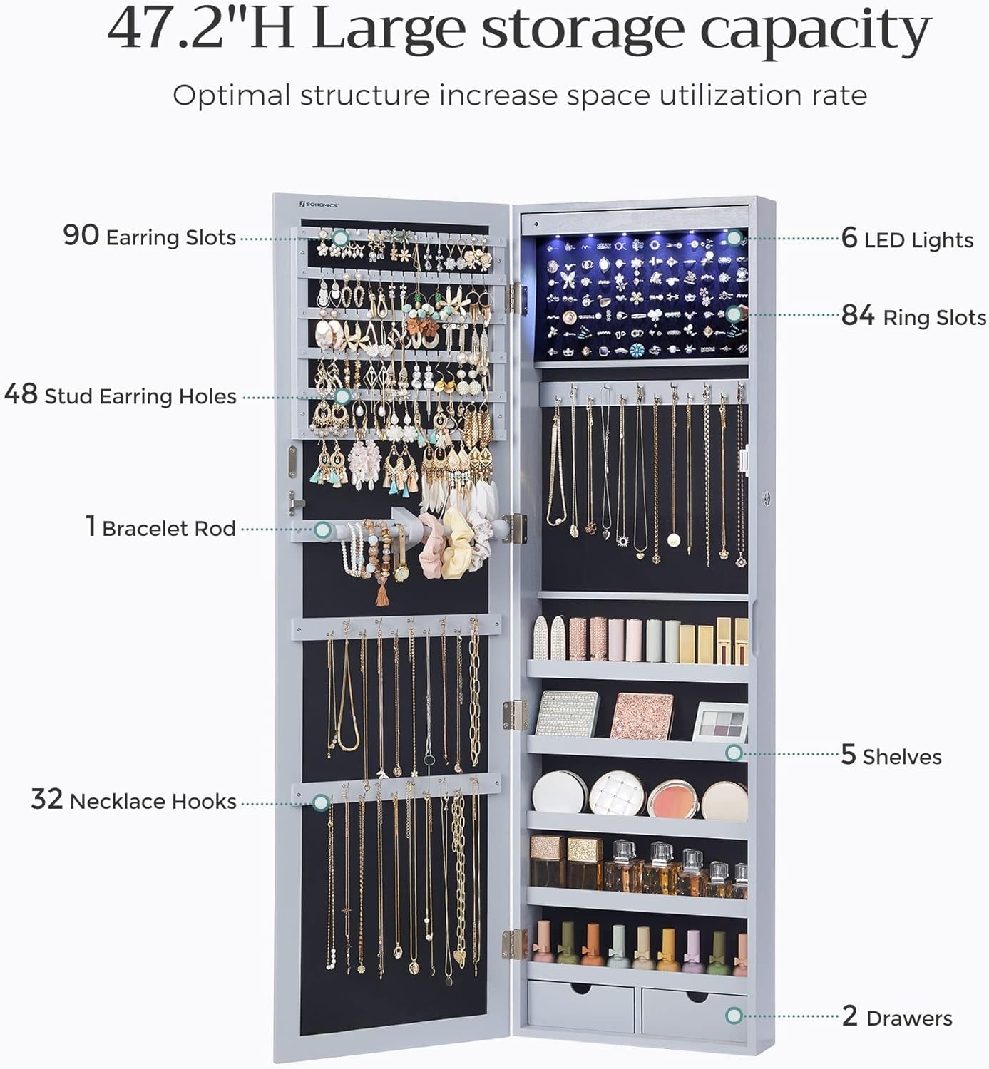 Tall Lockable Jewelry Cabinet With Mirror Gray showcasing 47.2 inch storage capacity with organized slots for earrings, rings, and necklaces.