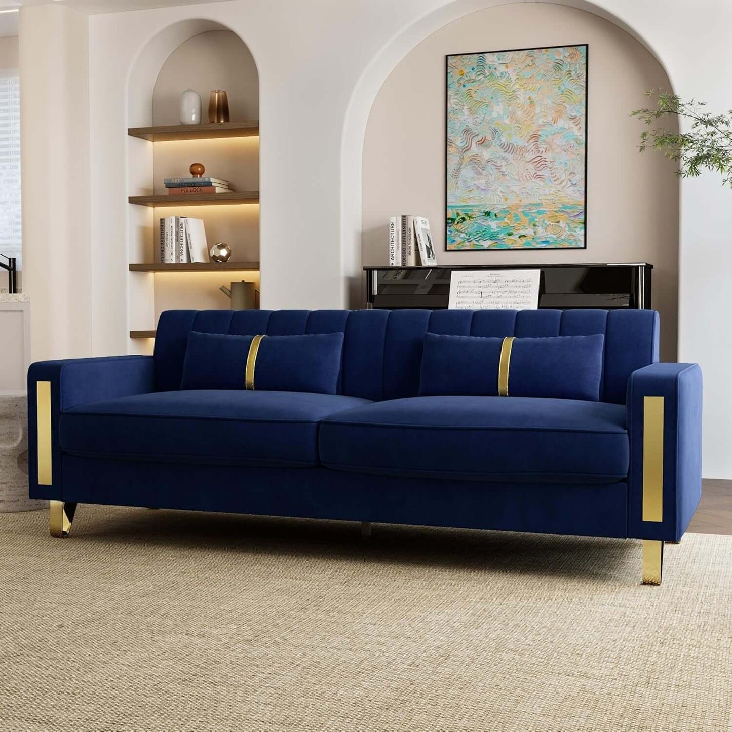 2 Piece Velvet Loveseat Sofa Set in blue with gold metal legs and pillows, perfect for modern living rooms.
