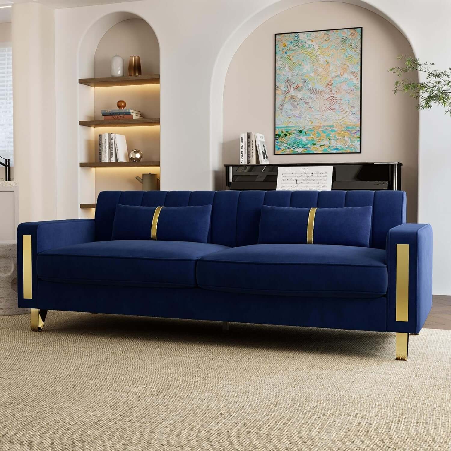 2 Piece Velvet Loveseat Sofa Set in blue with gold metal legs and pillows, perfect for modern living rooms.