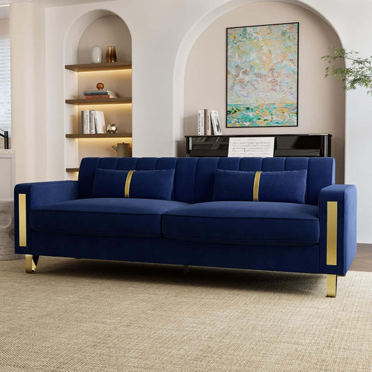 2 Piece Velvet Loveseat Sofa Set in blue with gold metal legs and pillows, perfect for modern living rooms.
