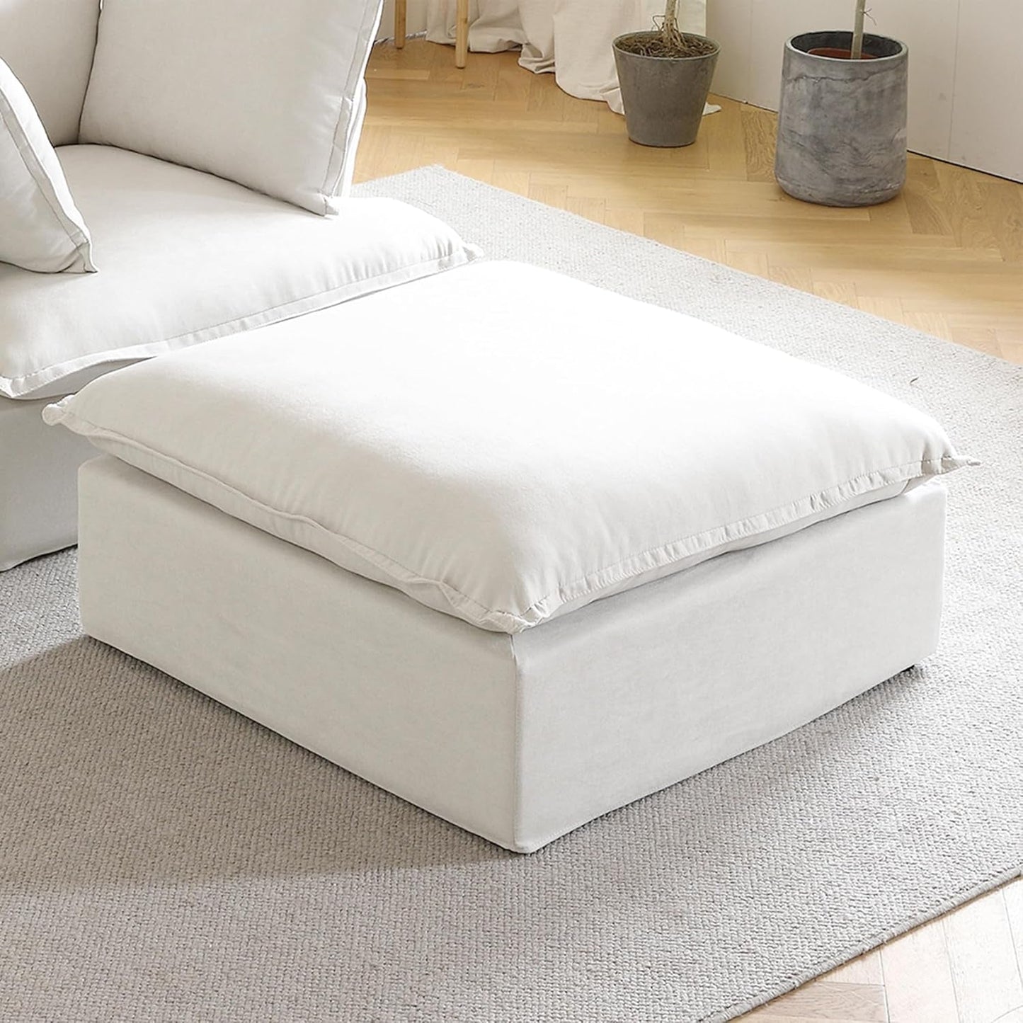 White Hemp Velvet Ottoman Footstool Removable Covers