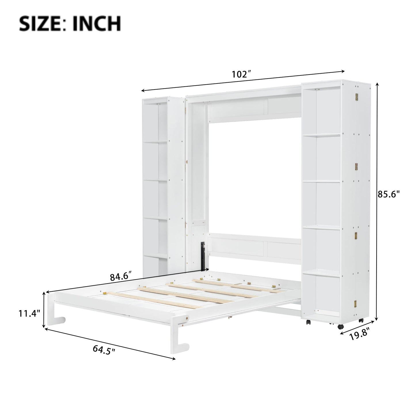 Queen Murphy Bed Wall Bed with Storage Doors, White