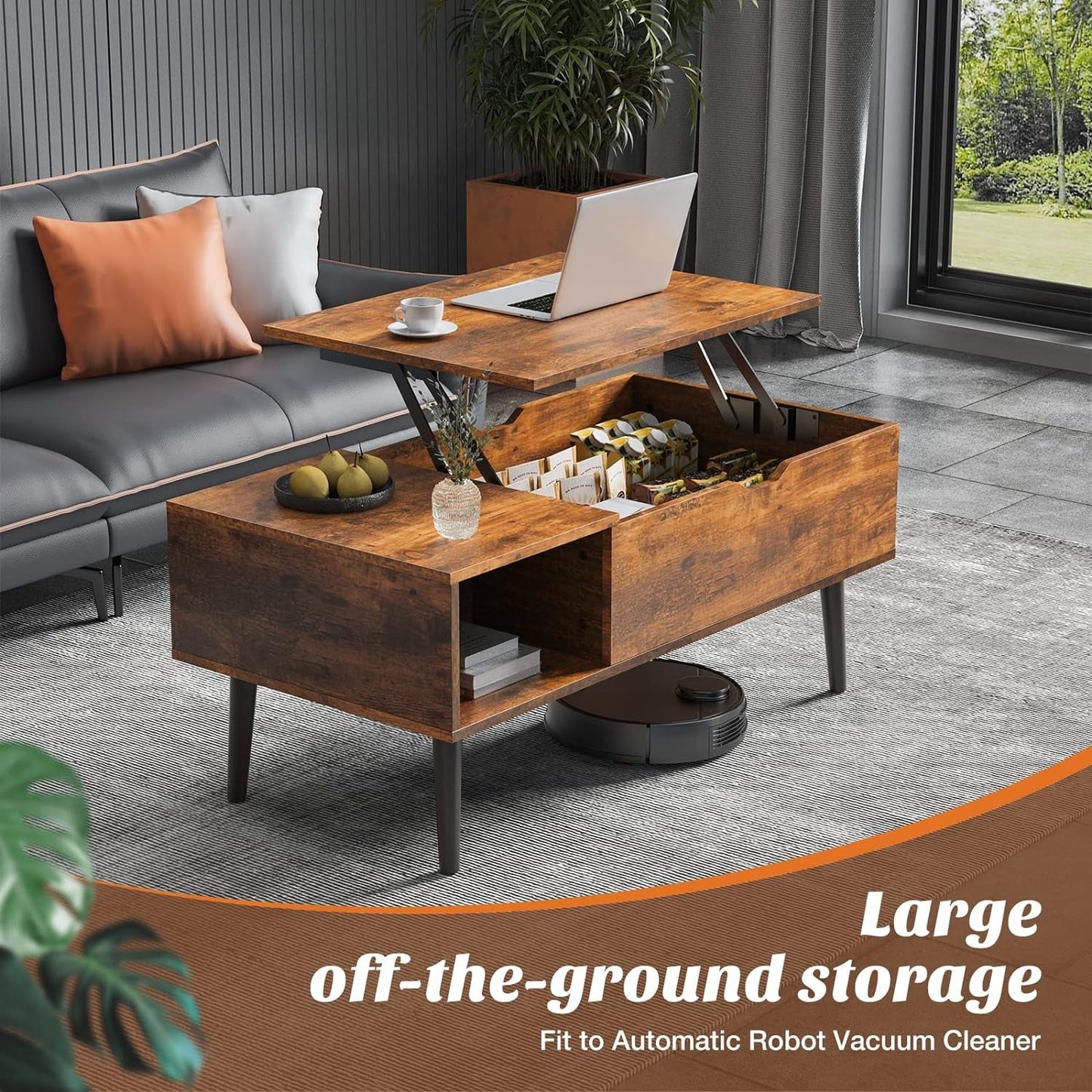 Brown Lift Top Coffee Table With Storage And Hidden Compartment