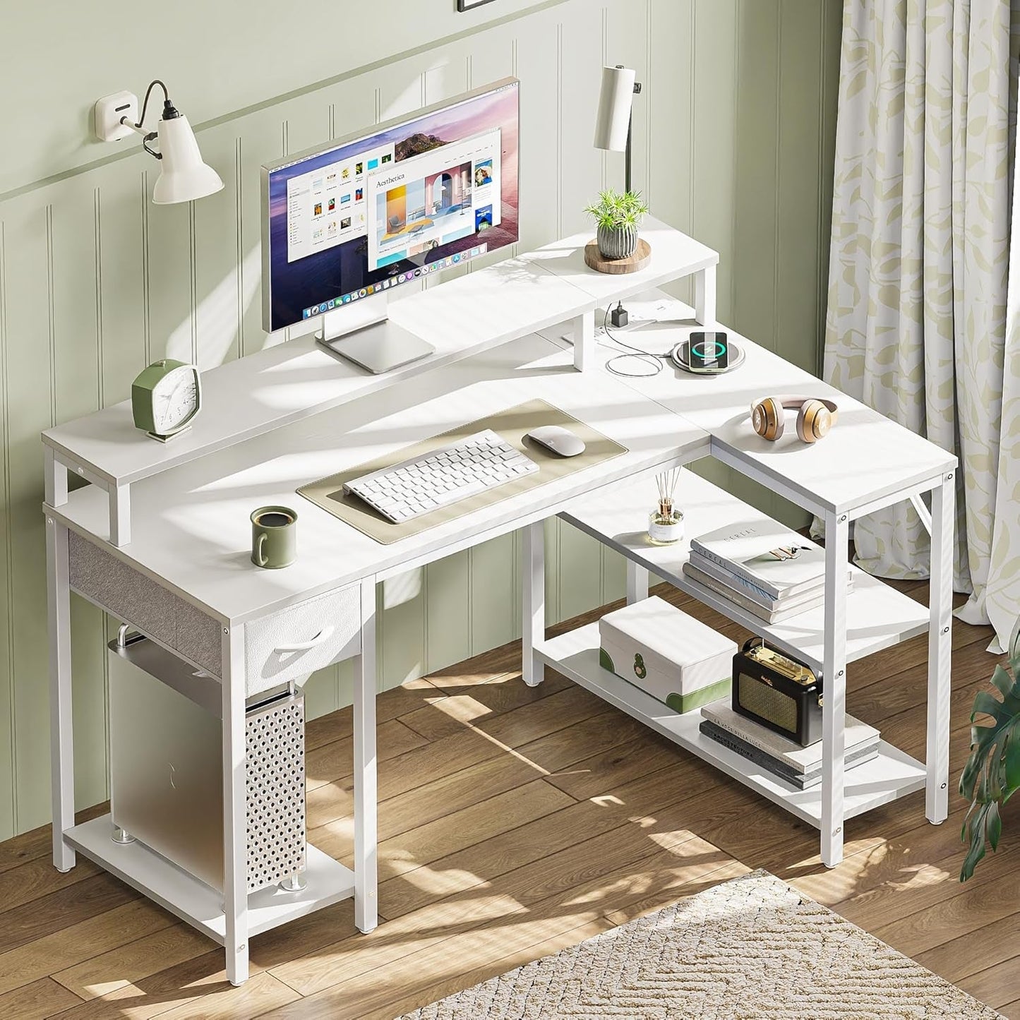 47 Inch White L Shaped Desk With LED Power Drawer Unit