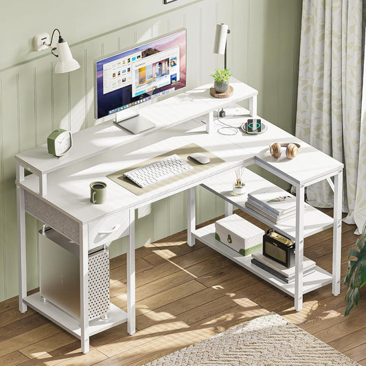 47 Inch White L Shaped Desk With LED Power Drawer Unit