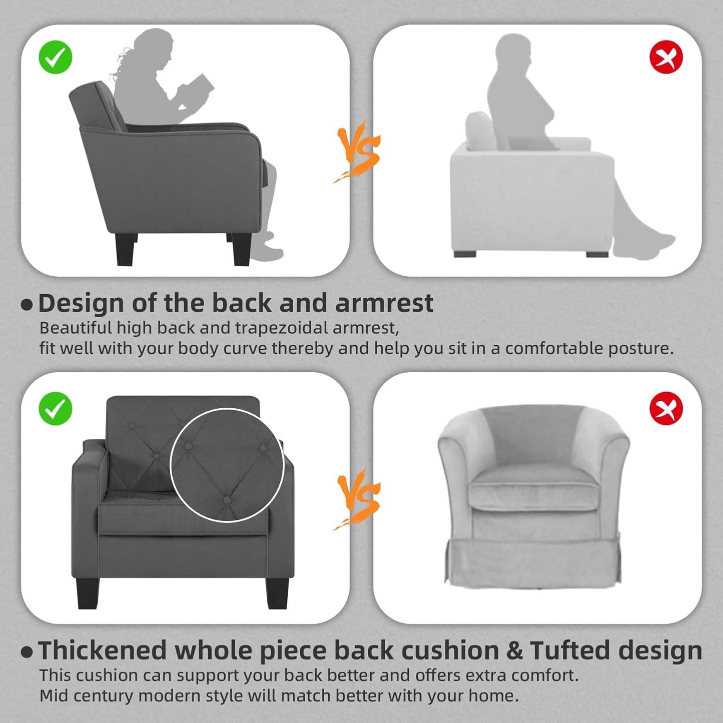 Grey Tufted Upholstered Contemporary Armchairs Set