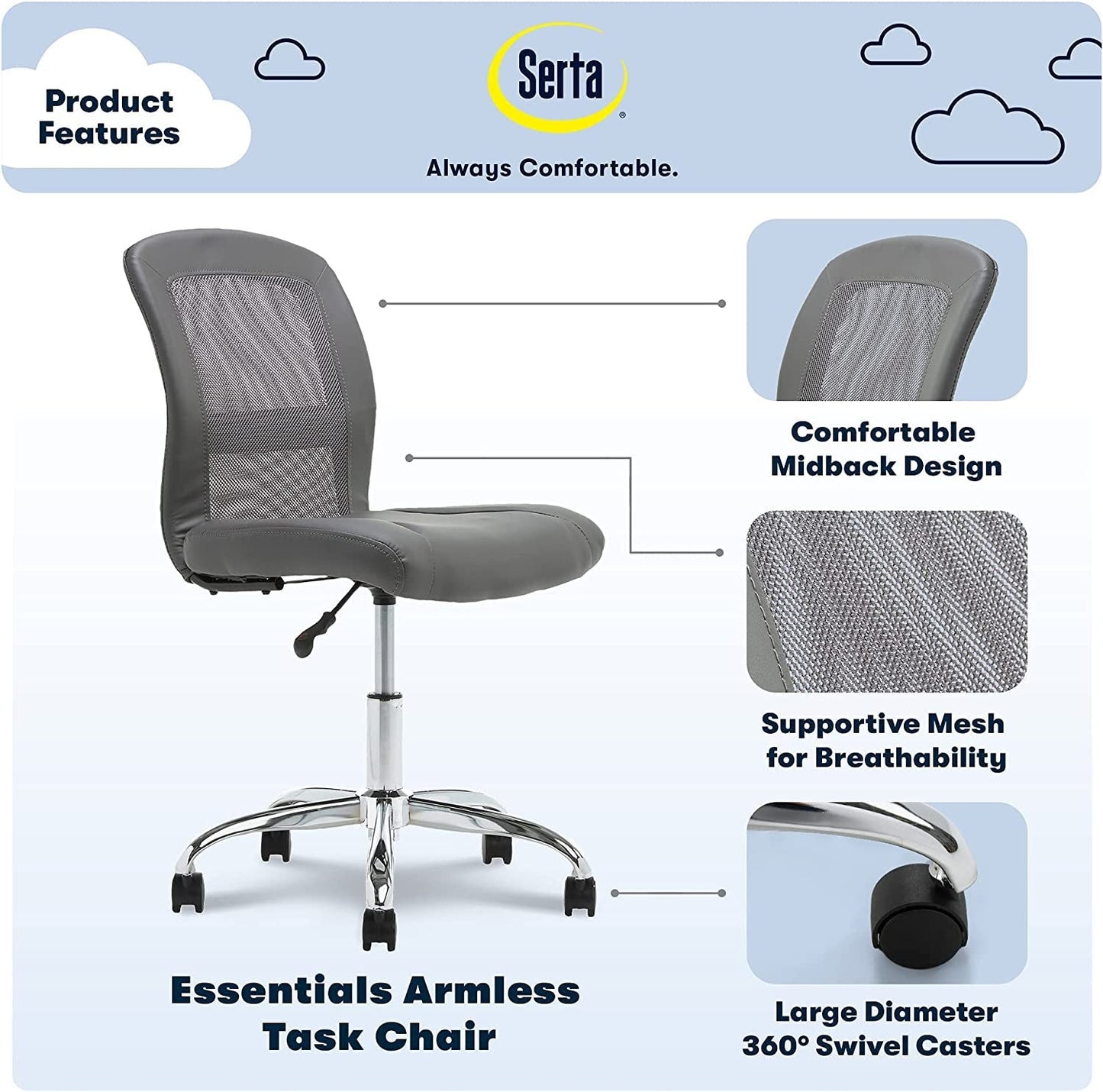 Gray Armless Desk Chair With Wheels And Breathable Mesh