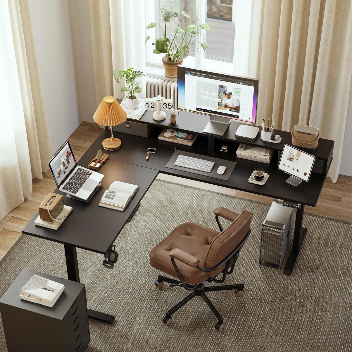L Shaped Electric Standing Desk 63 Inch 2 Drawers Black