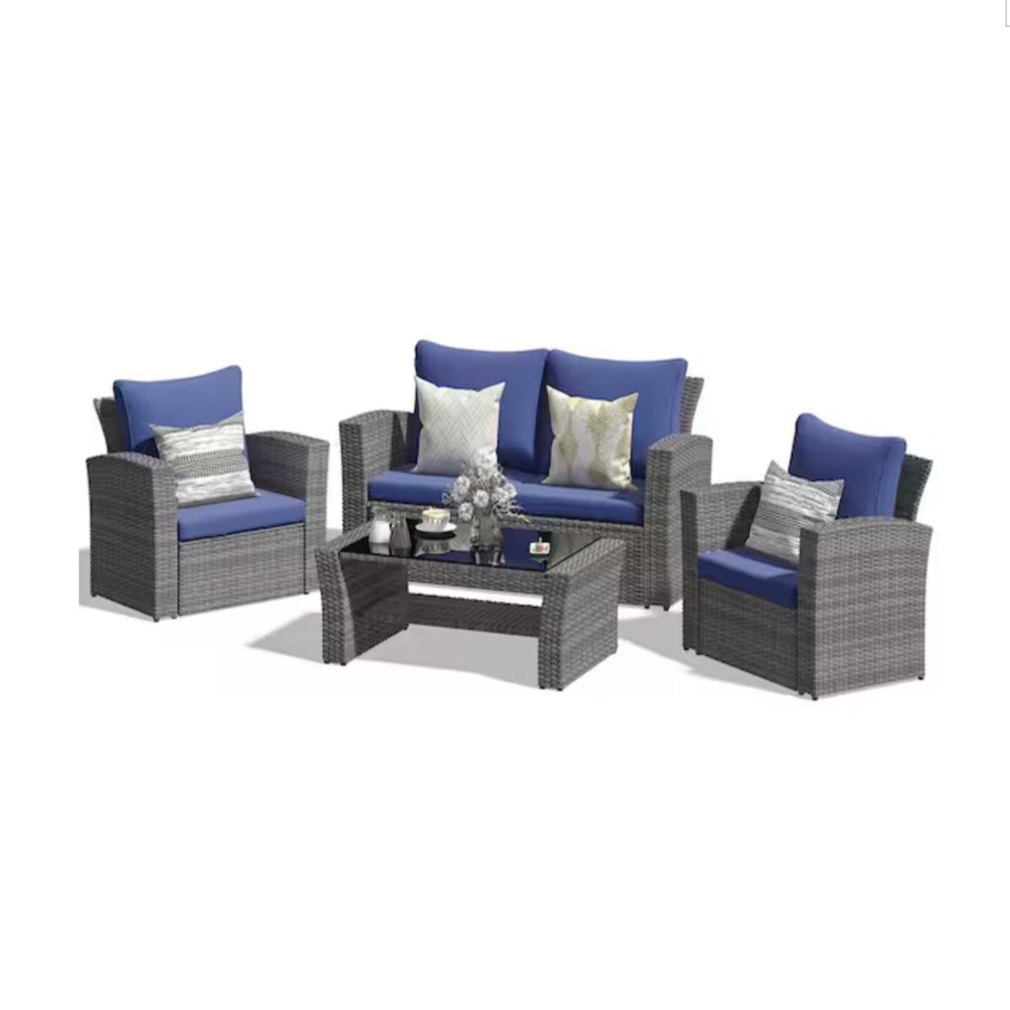 4-Piece Wicker Patio Conversation Set with Glass Table
