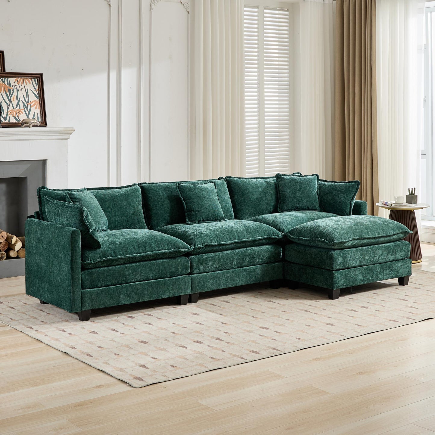 Cloud 3 Seats Sofa (Ottoman is not included) Chenille Fabric in Green