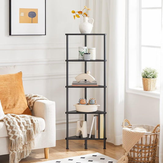 Industrial 5 Tier Corner Shelf Stand Black Metal Frame