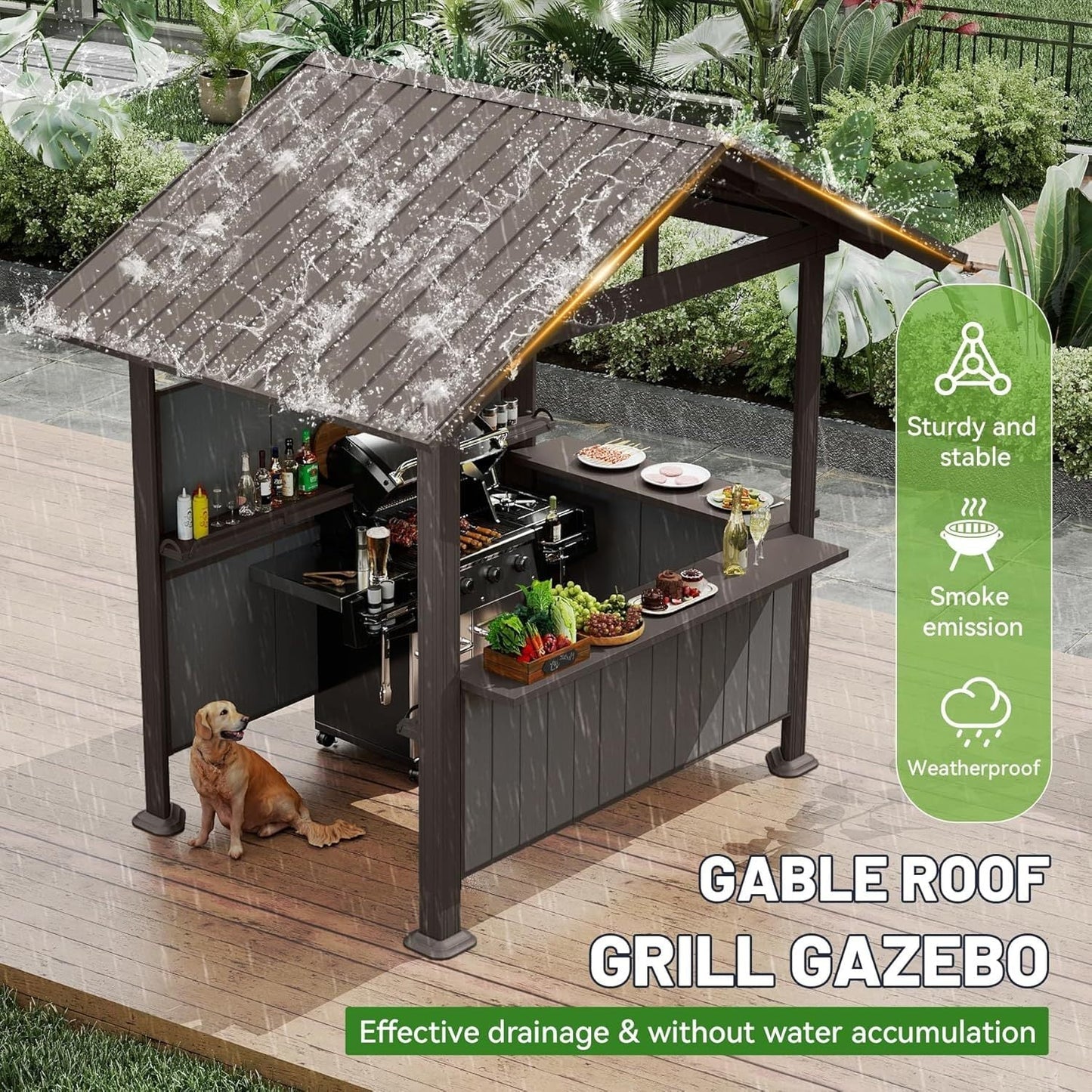 9.4X6.2 FT Hardtop Grill Gazebo, Gable Outdoor Grill Gazebo with Storage Shelves & Resin Shade System, Galvanized Steel Metal Hard top Gazebo for Patio Backyard Garden -Brown